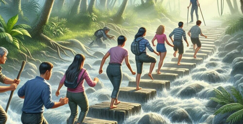 Common Challenges (and How to Get Past Them) depicted by a small group of people crossing a rushing creek using stepping stones in a jungle setting.