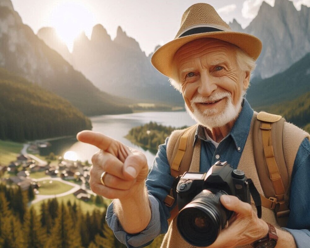 A photo of a retired person acting as a tour guide in a picturesque setting