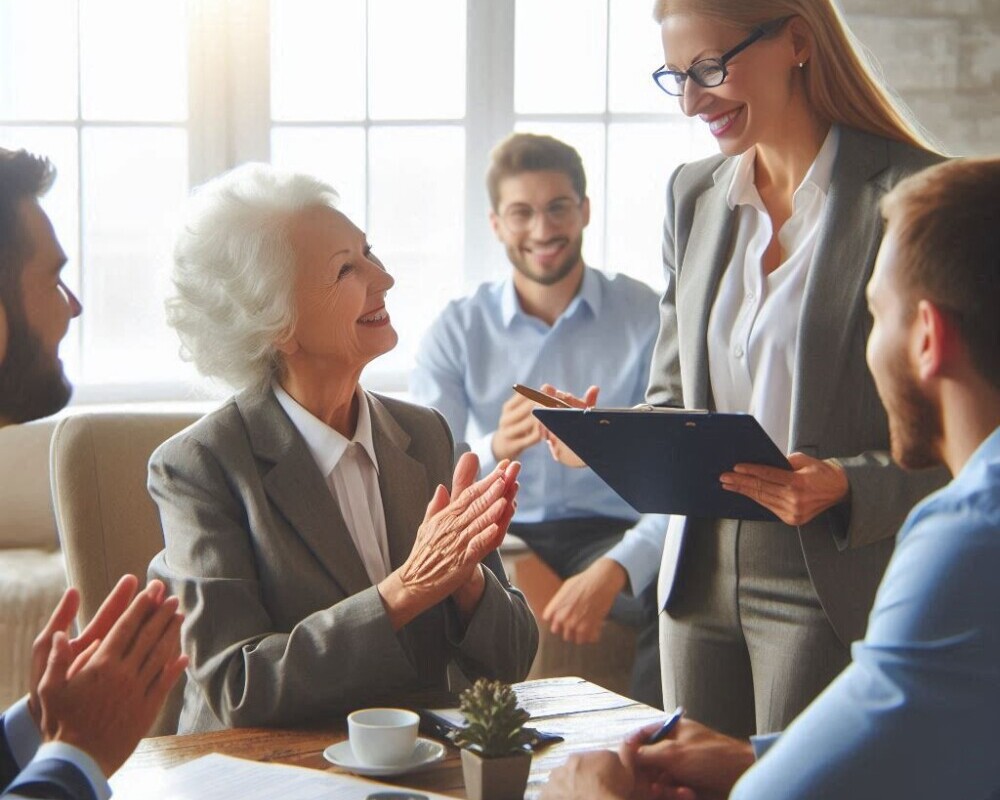 A photo of a retired person sharing her expertise as a consultant with businesspeople who appreciate her expertise 