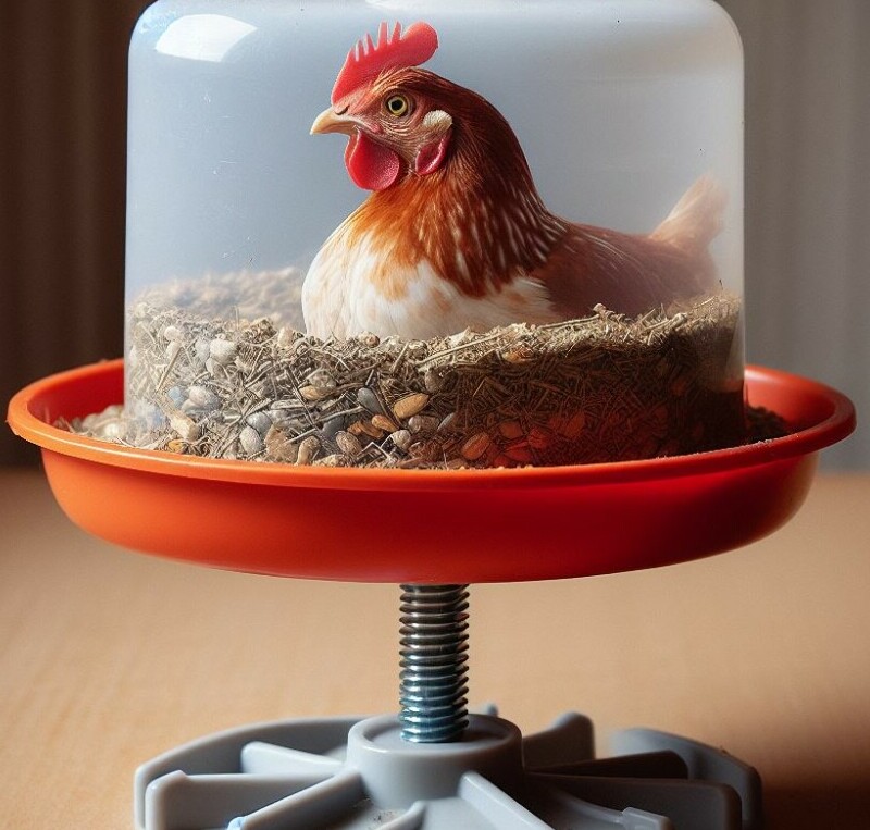 A plastic chicken feeder sitting atop a short piece of threaded rod screwed into the bottom of the chicken feeder. - Chickenmethod.com
