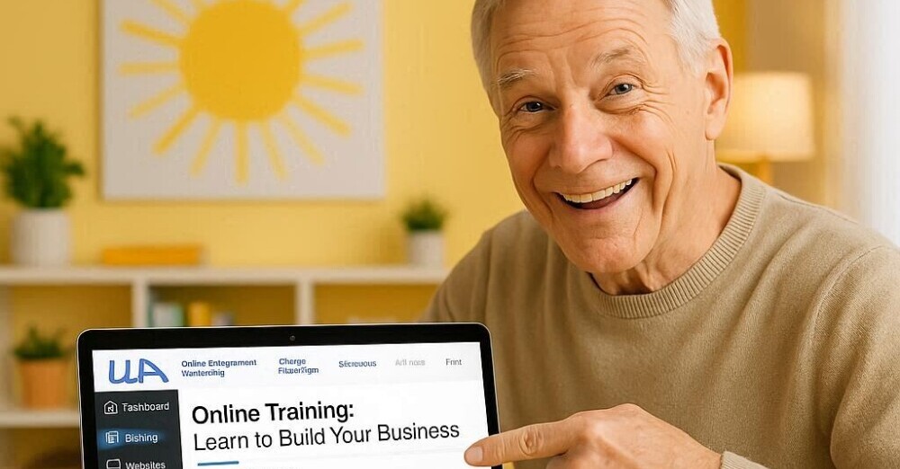 A senior adult man pointing to the Wealthy Affiliate training program on a laptop.