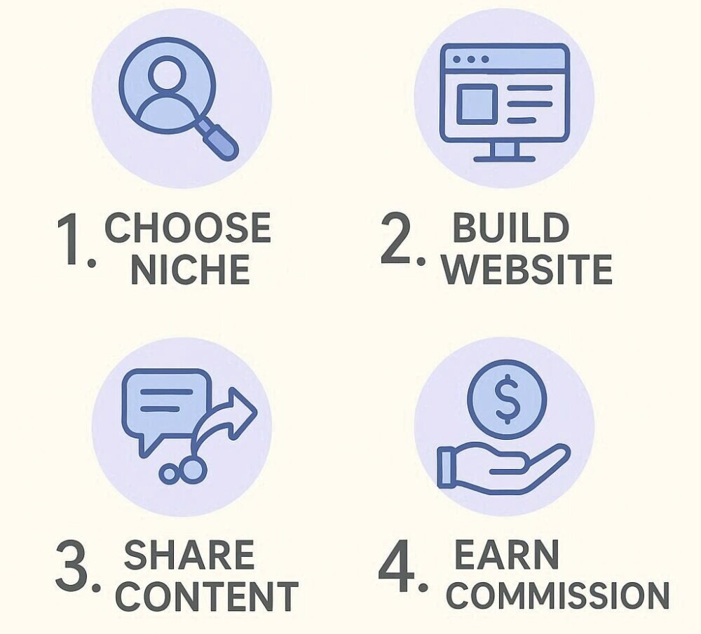 Clean infographic with four steps: choose niche, build website, share content, earn commission. Senior-friendly design, clear icons, light colors