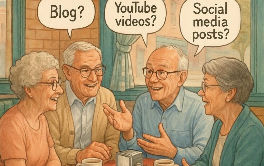 A group of retired teachers sitting around a small table at a quaint diner discussing the possibility of starting an affiliate marketing business. The atmosphere is charming and light-hearted, and the discussion is centered around whether to create a blog, YouTube videos, or social media posts.