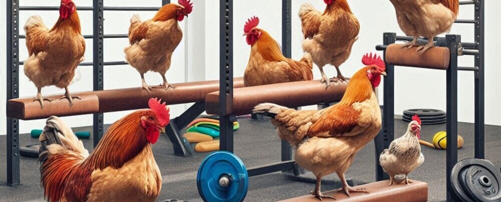 Chickens working out in a gymnasium