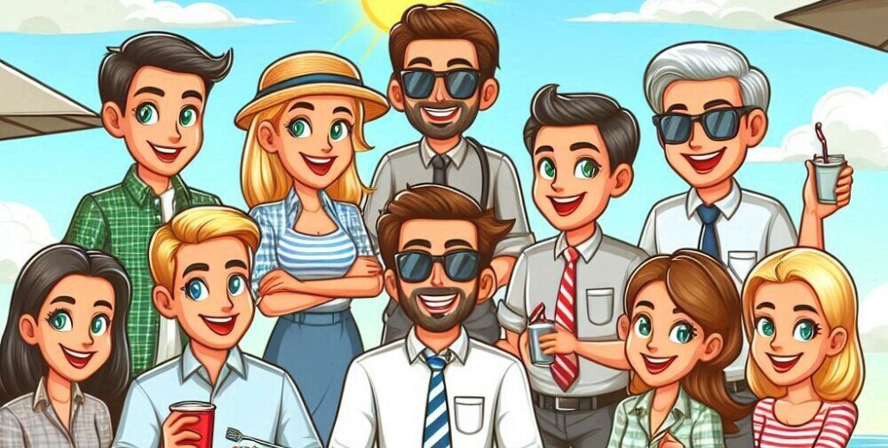 A group of cartoon business people dressed casually at a company picnic