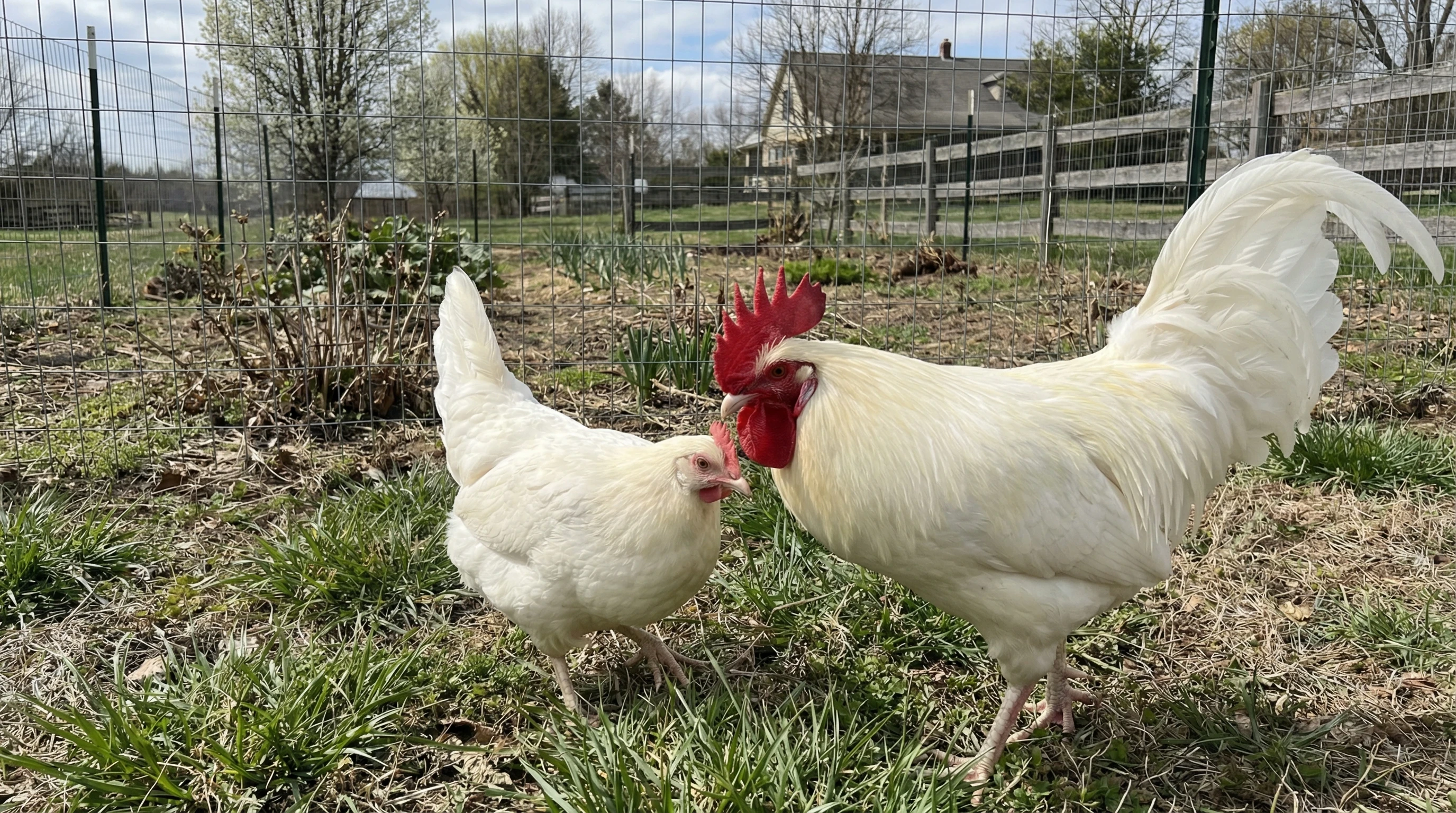 A close-up view pair of White Leghorn Chickens (male and female) in a green backyard in the country. There is a fenced-in garden in the background, but it is not lush because it is mid-spring in New York State, U.S.A. The scene is well-lit and very pleasant.