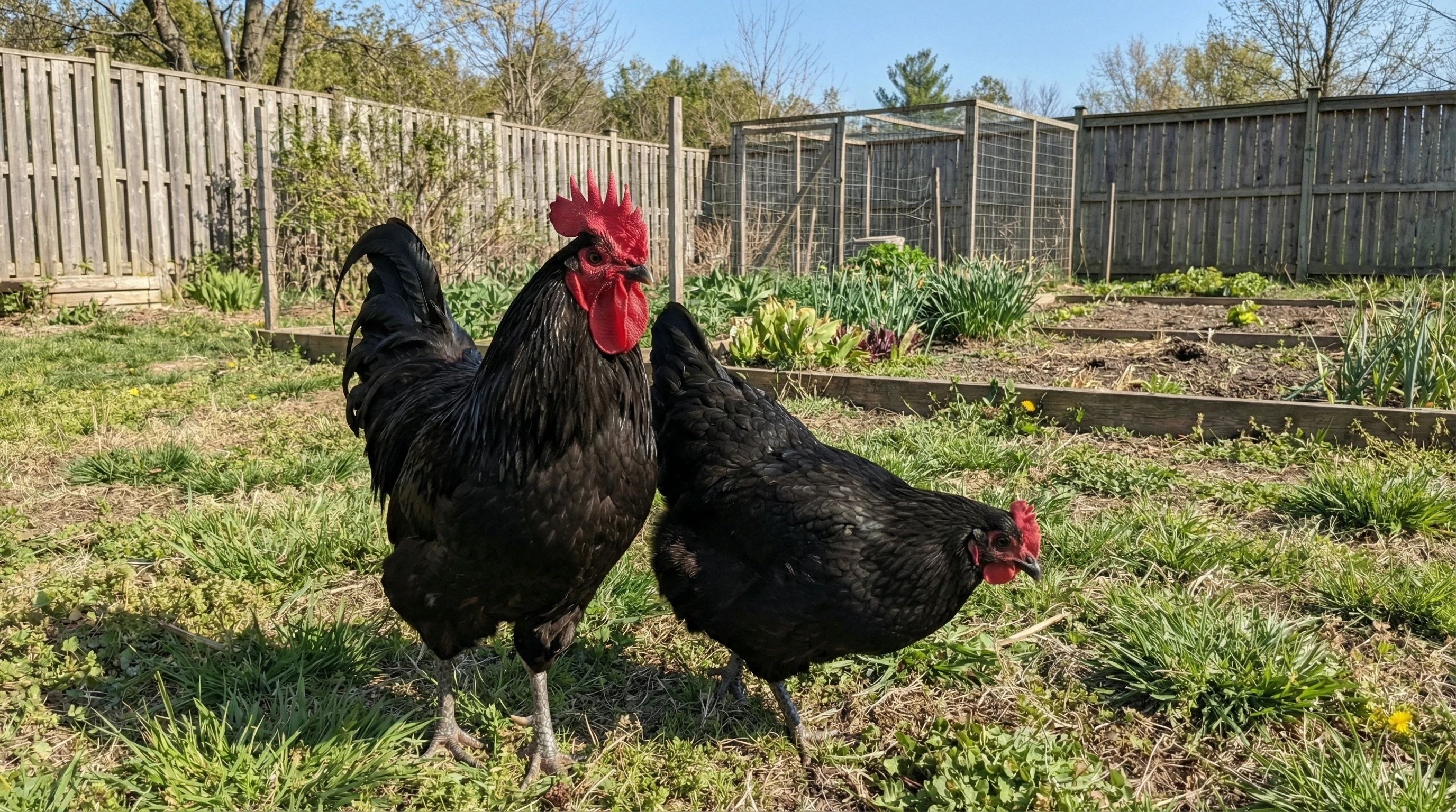 A close-up view pair of Black Australorps Chickens (male and female) in a green backyard in the country. There is a fenced-in garden in the background, but it is not lush because it is late-spring in New York State, U.S.A. The scene is well-lit and very pleasant.