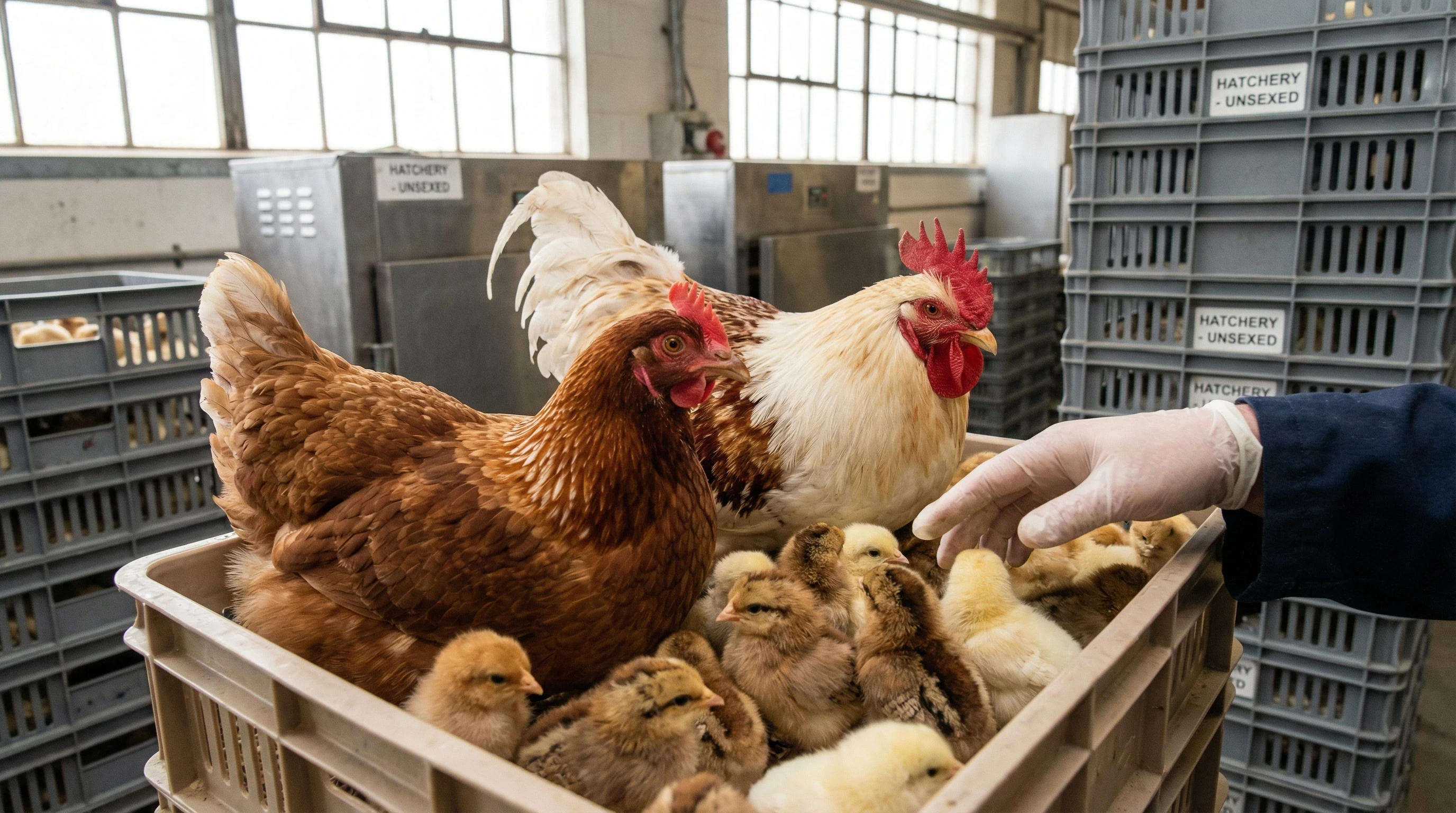A close-up view of Sex Link parents and their chicks before sexing (male and female) in a hatchery where birds are sexed and distributed into groups of males and females.