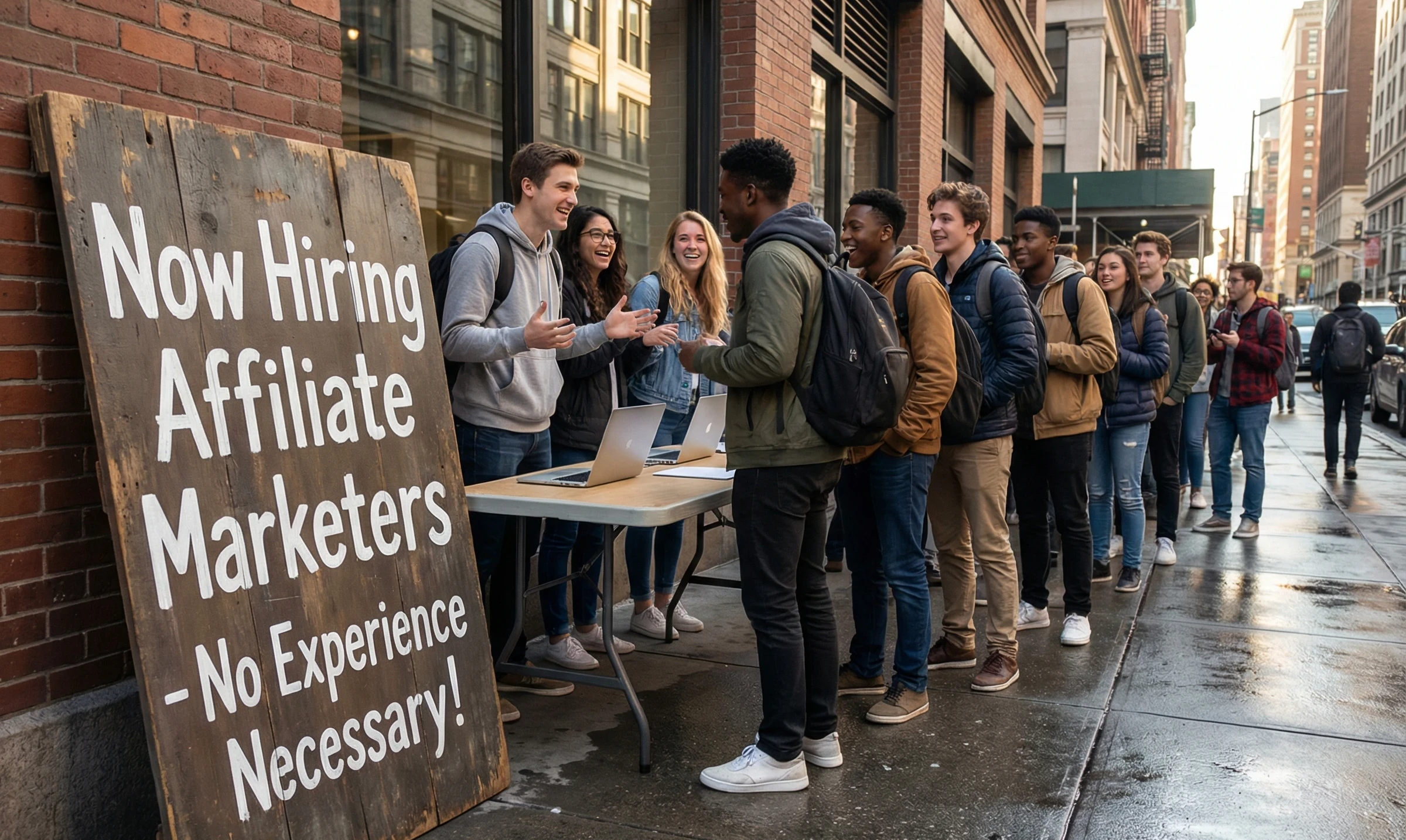 A line of excited potential affiliate marketers signing up to get started