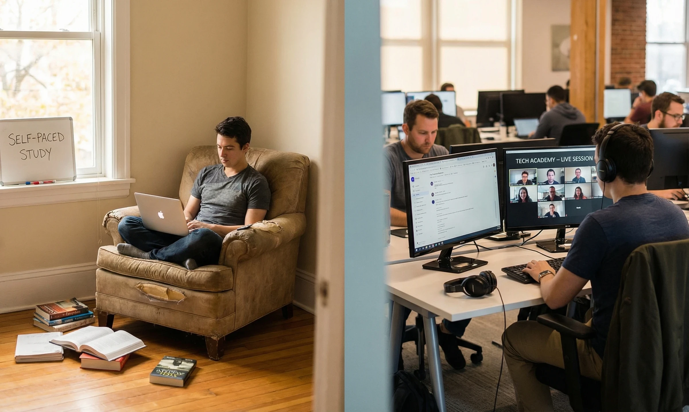 An affiliate sitting alone and with a group of people in a split screen image