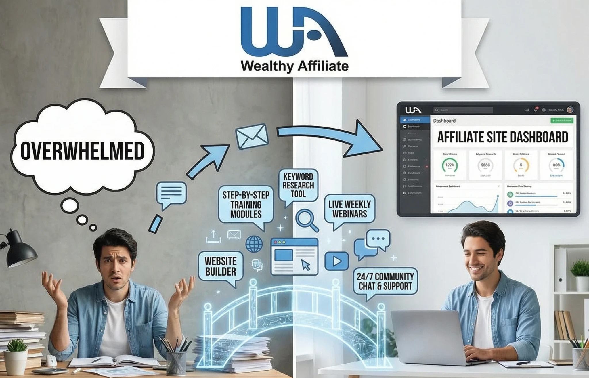 An affiliate marketer going from overwhelmed to confident by joining Wealthy Affiliate Marketing