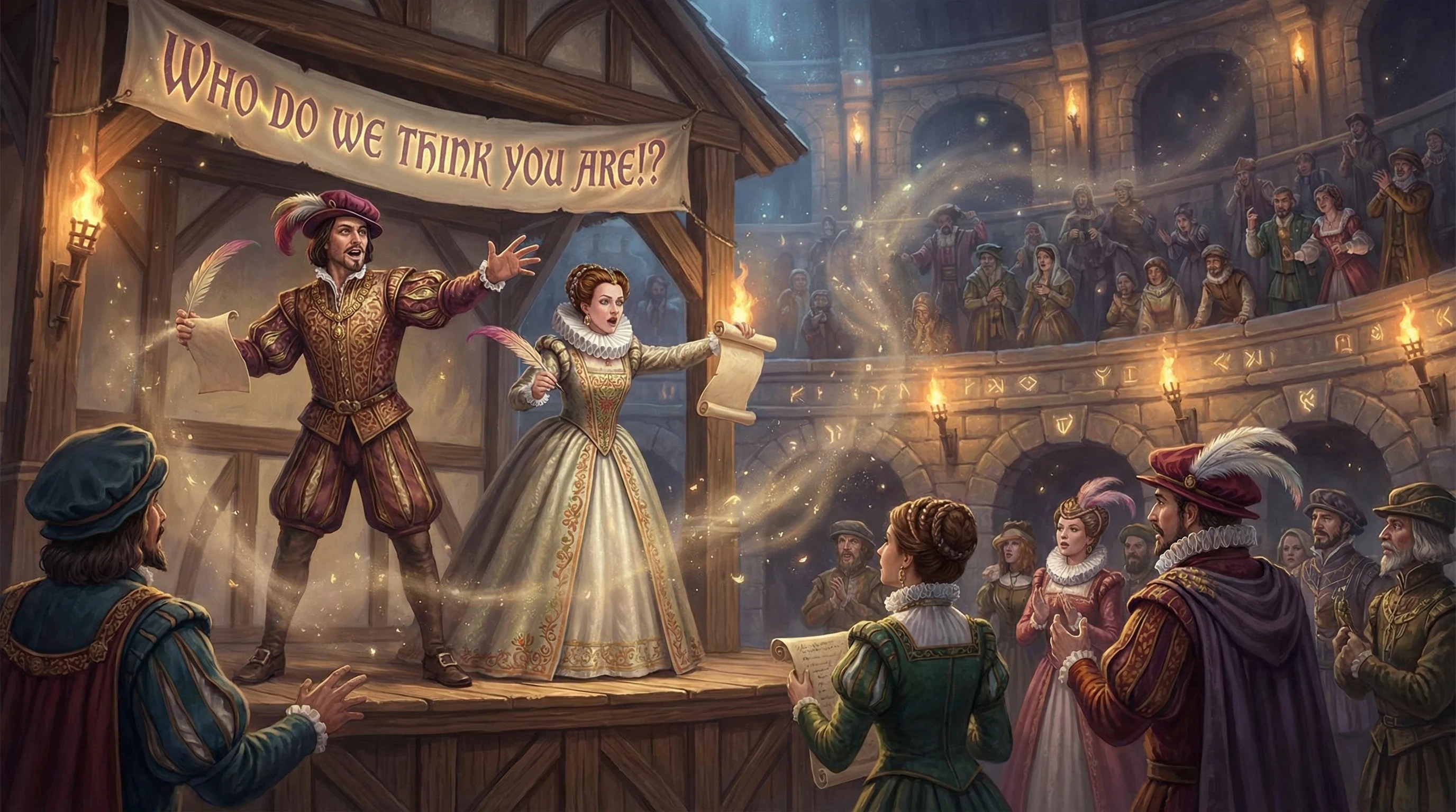 A man and a woman during the Shakespearean age under a banner that reads