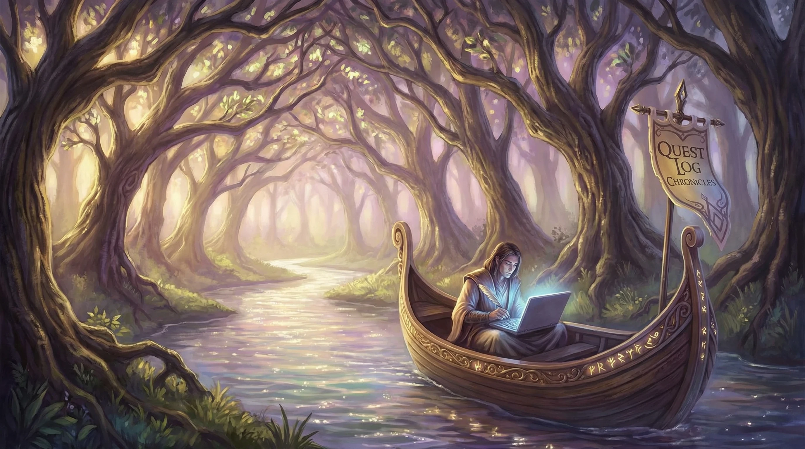 A blogger on a boat in a well-structured forest.