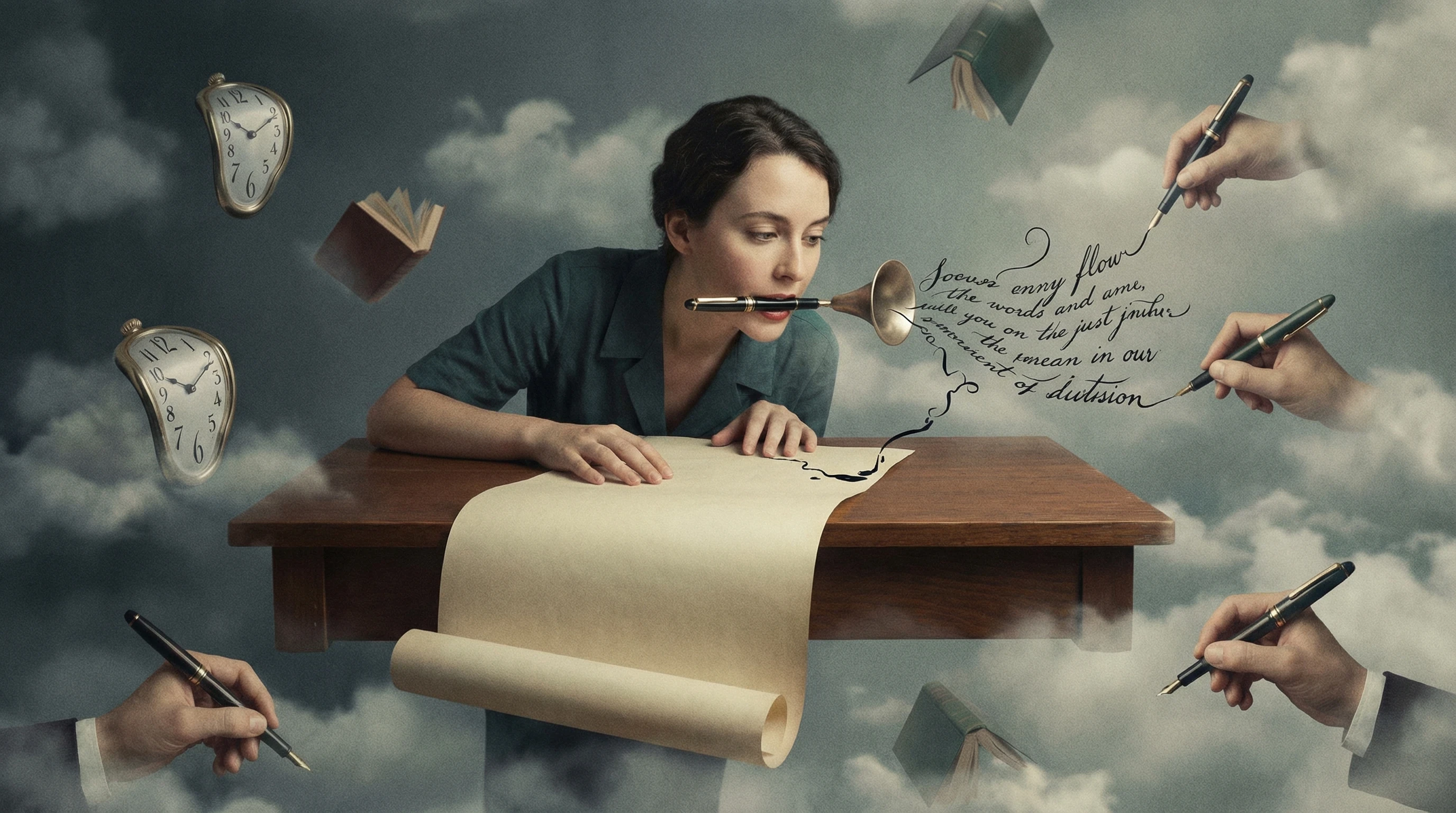 A woman, her desk, paper, and a pen in her mouth, floating in the clouds.