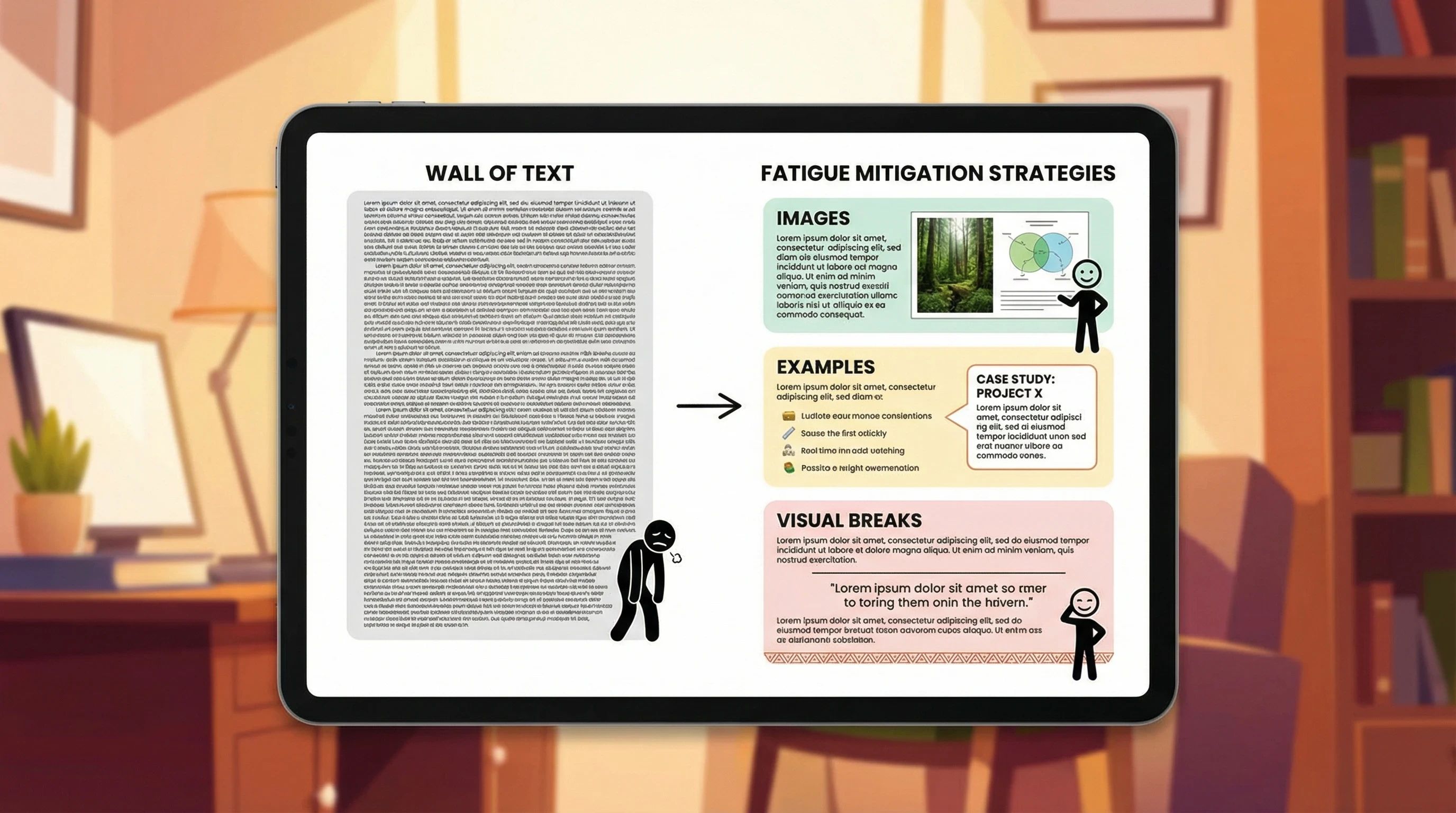 Using fatigue mitigation strategies to avoid exhaustion from reading large blocks of text.