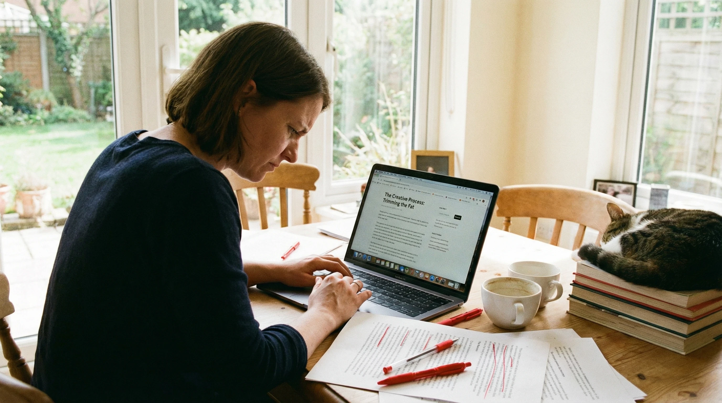 A writer is editing, trimming, and polishing the content she has written for her blog.