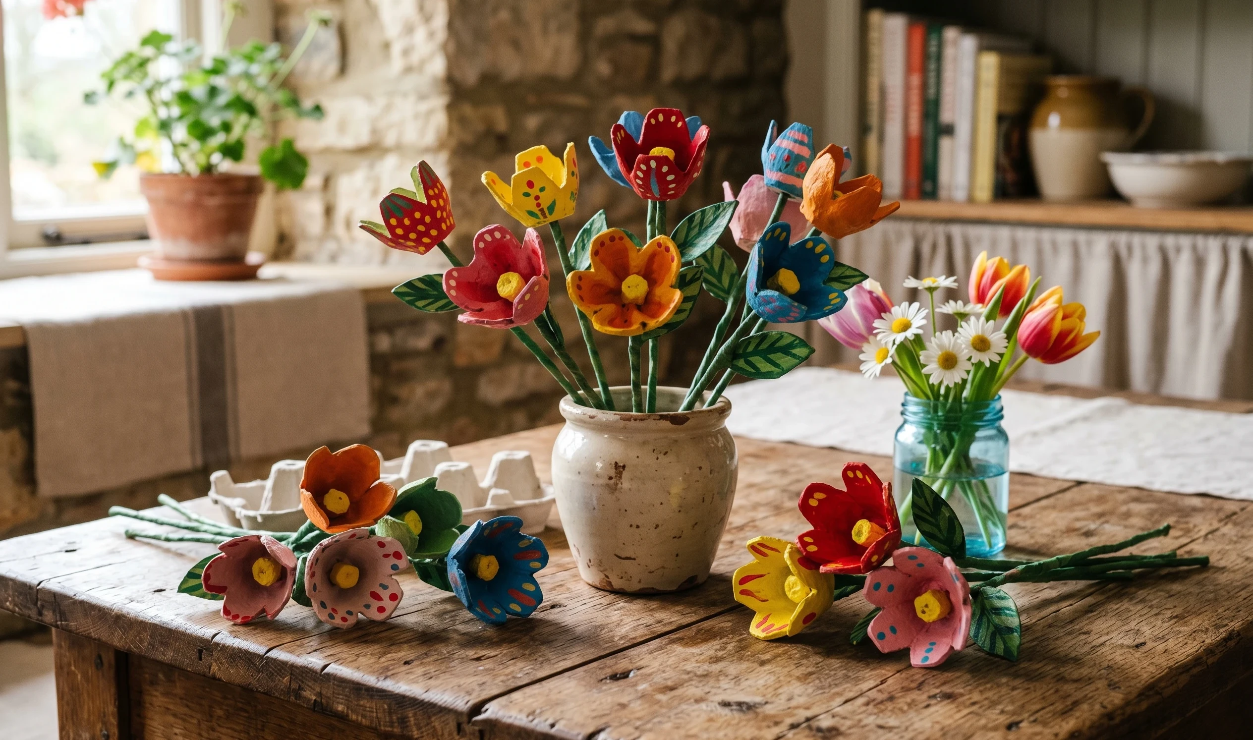 Craft-painted molded egg carton flowers