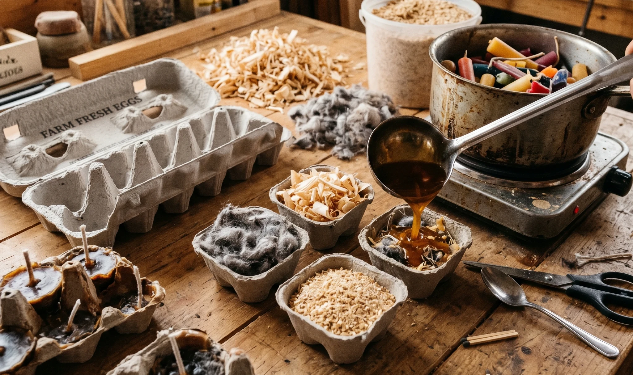 Fire starters made from individual cups cut from molded egg cartons. Stuff each cup with dryer lint, wood shavings, or sawdust, then pour melted wax over it (old candle ends work great).