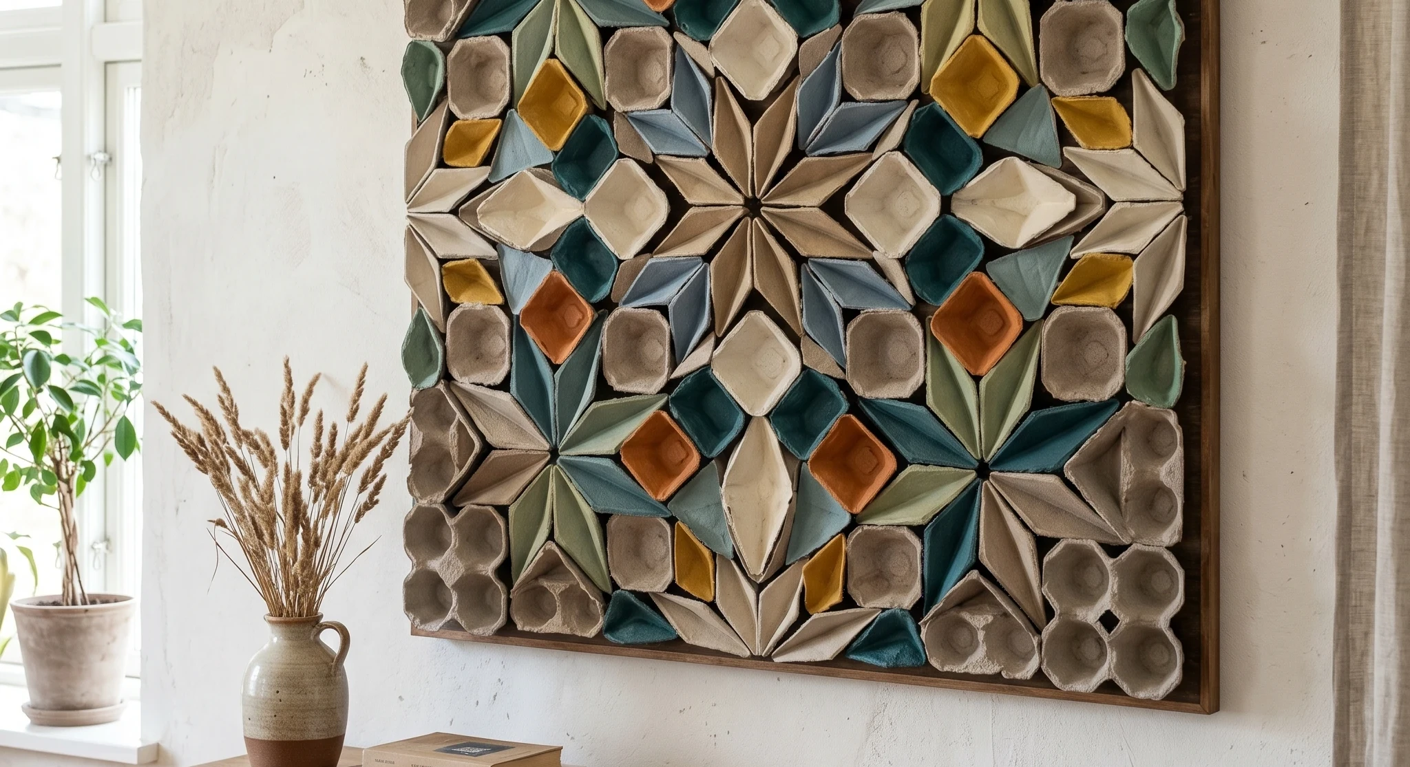Egg cartons used for wall art. Cups are cut and flattened, and arranged in geometric patterns to create 3D wall hangings. Combining painted and natural pieces creates nice visual interest with minimal effort.