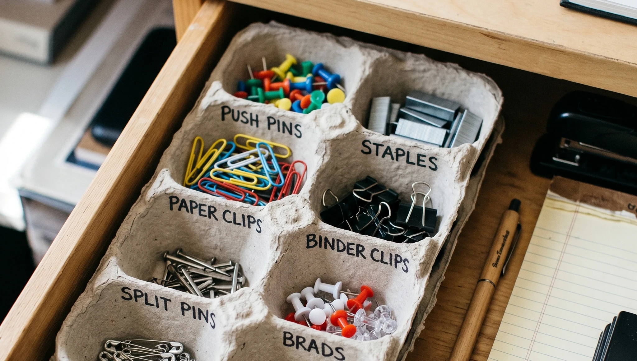 A desk drawer organizer for thumtacks, paperclips, etc., made from molded egg cartons.
