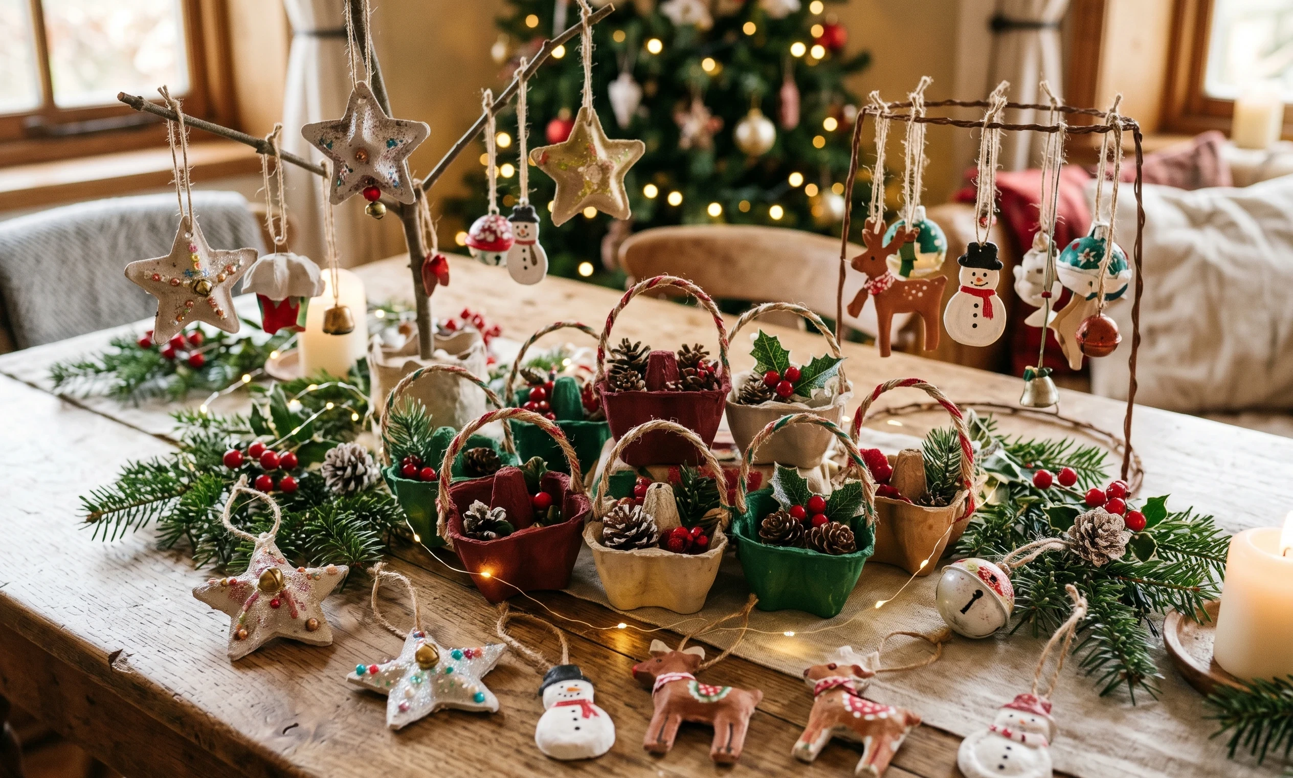 Holiday Crafts, Ornaments & Mini Baskets made from molded paper egg cartons.  sitting on a farm table.