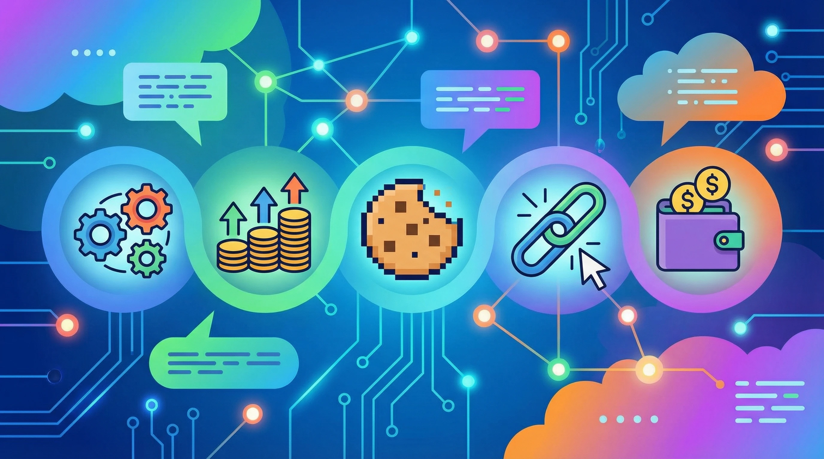 Bright and colorful illustration of online marketing, with icons representing networking, analytics, and commissions.