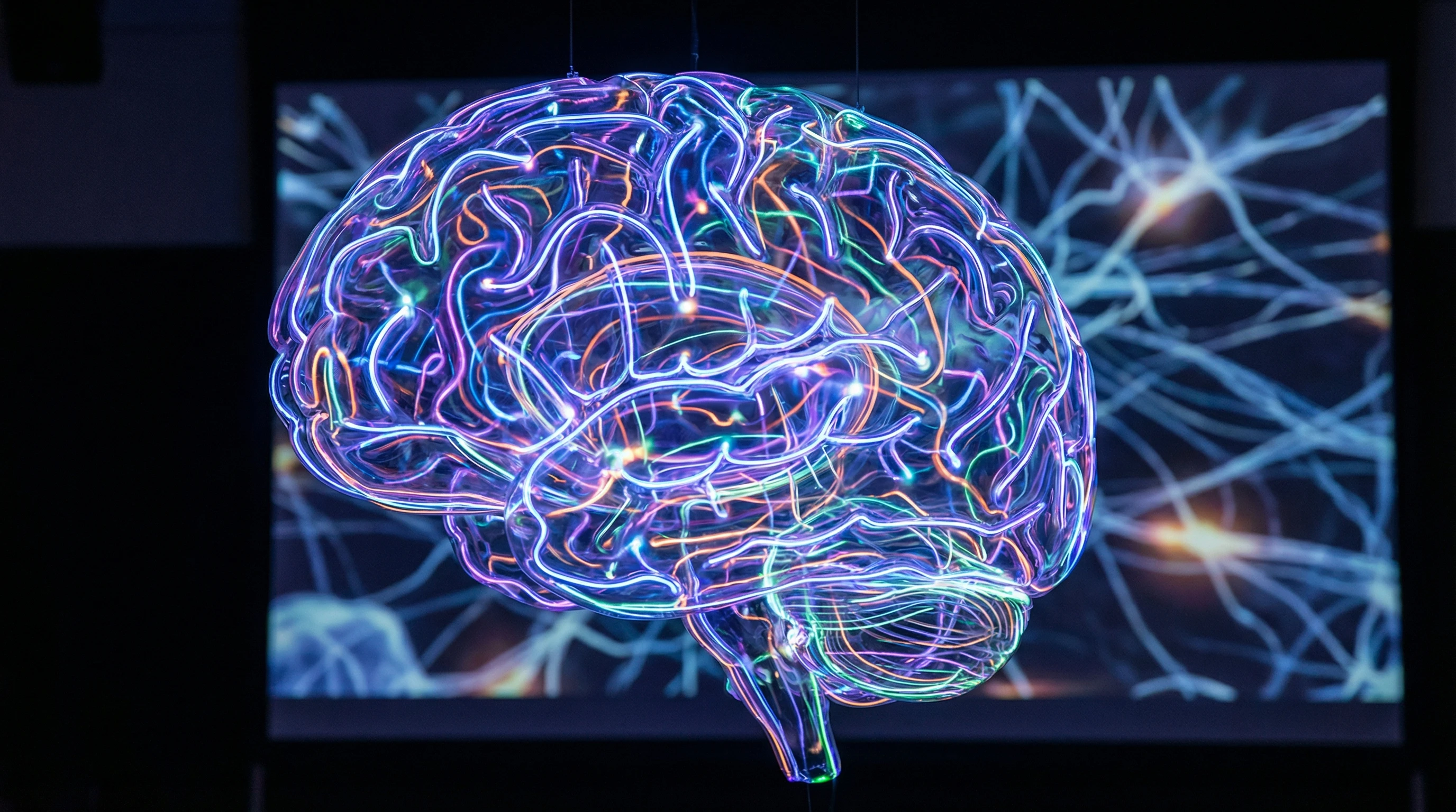 A vibrant brain network visualized through colorful abstract light patterns, symbolizing complex processes of consciousness.