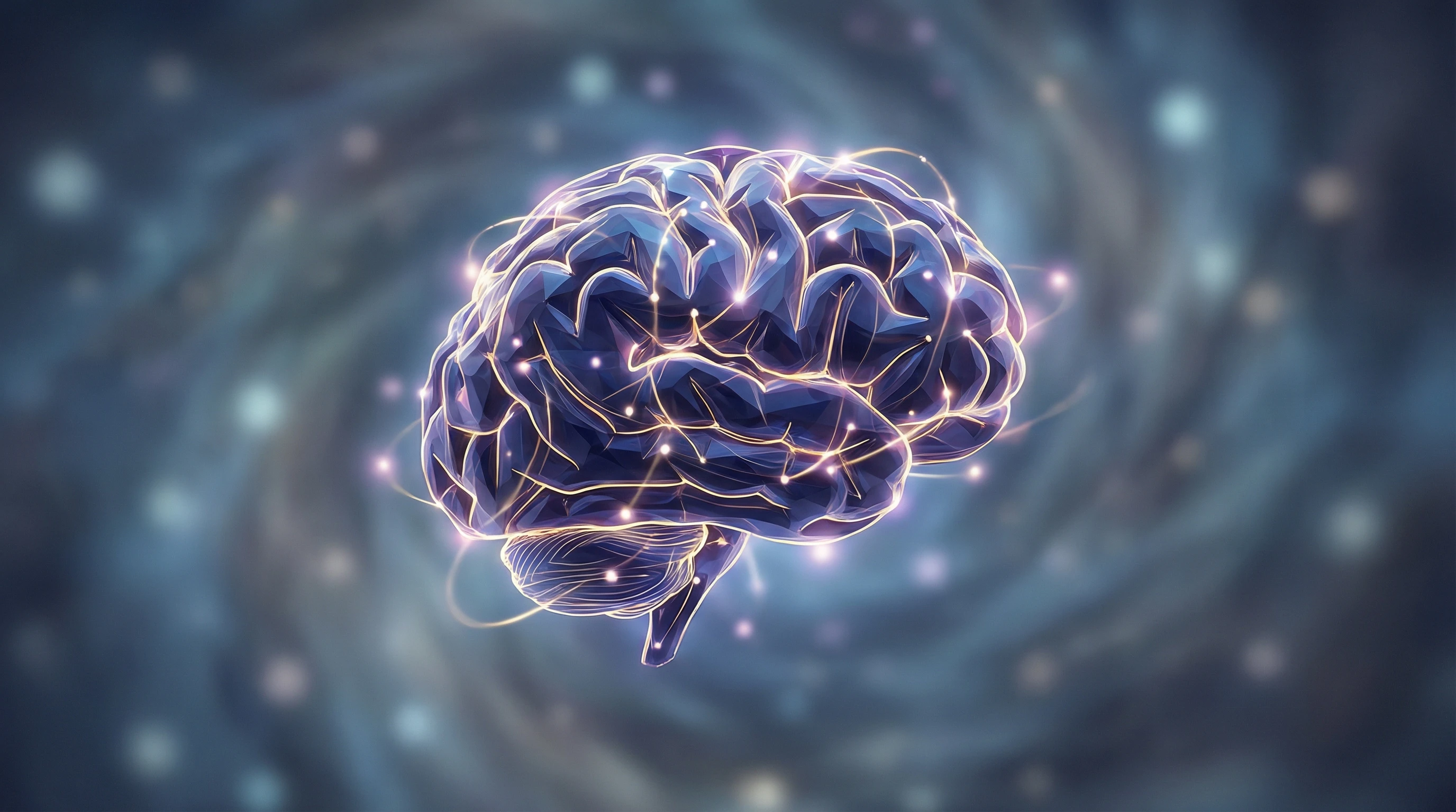 A brain with networks of light representing neurons and abstract consciousness