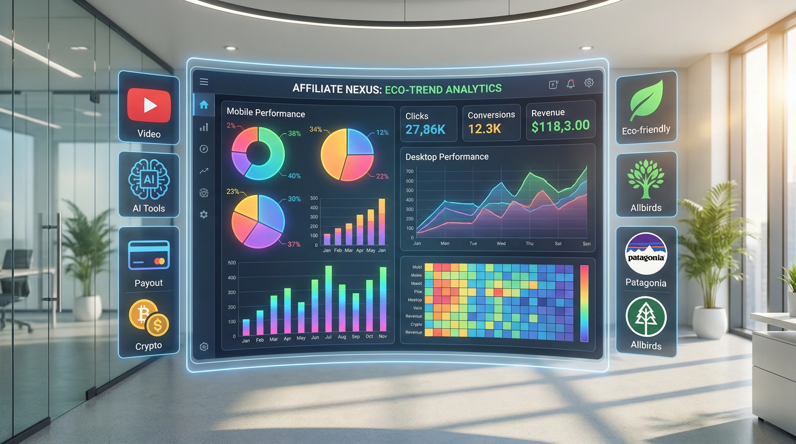 A dashboard showing affiliate revenue statistics for 2026, line charts and pie charts visualizing program distribution and growth.