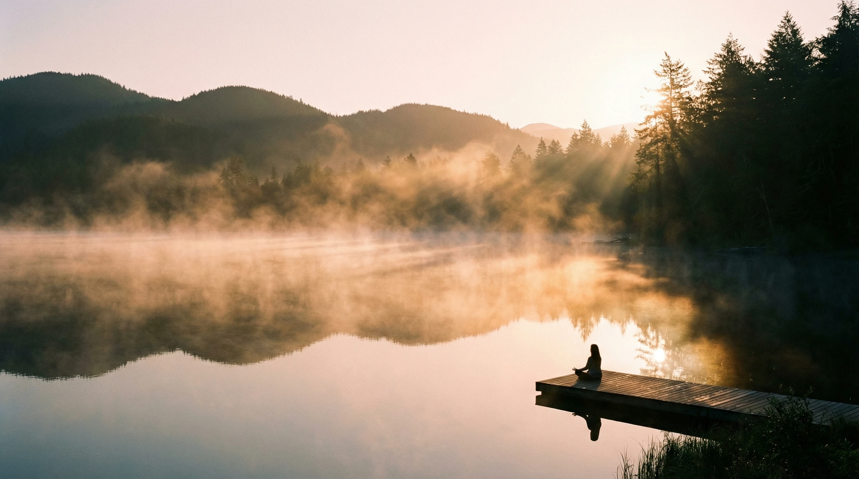 A tranquil nature landscape at sunrise, mist rising over a calm lake, reflecting the stillness often associated with meditation.