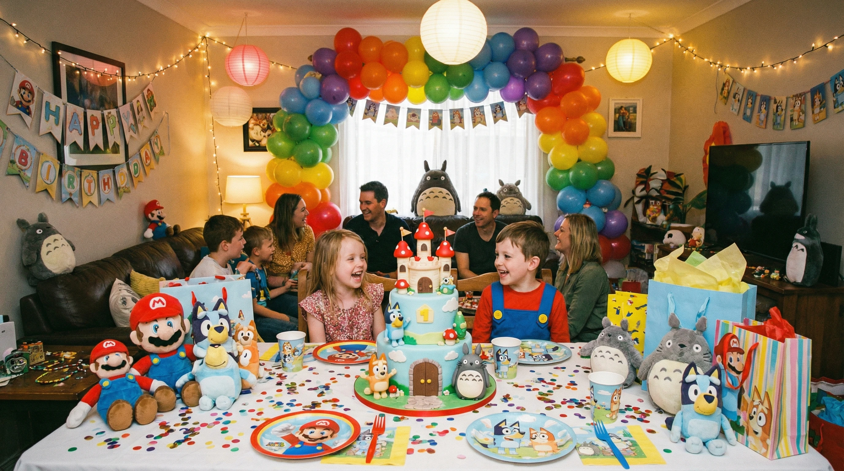 Colorful party setup with themed decorations and cake