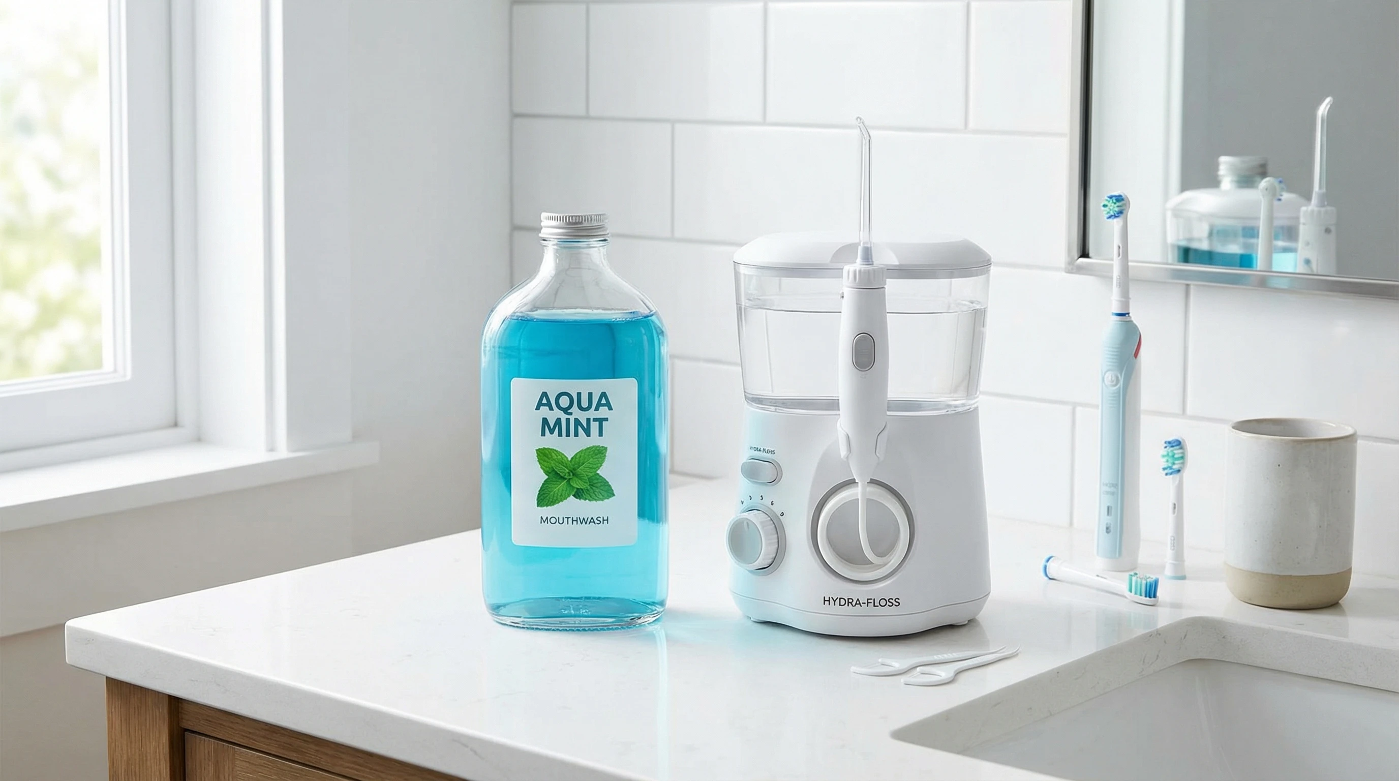 Mouthwash vs Water Flosser comparison with dental products