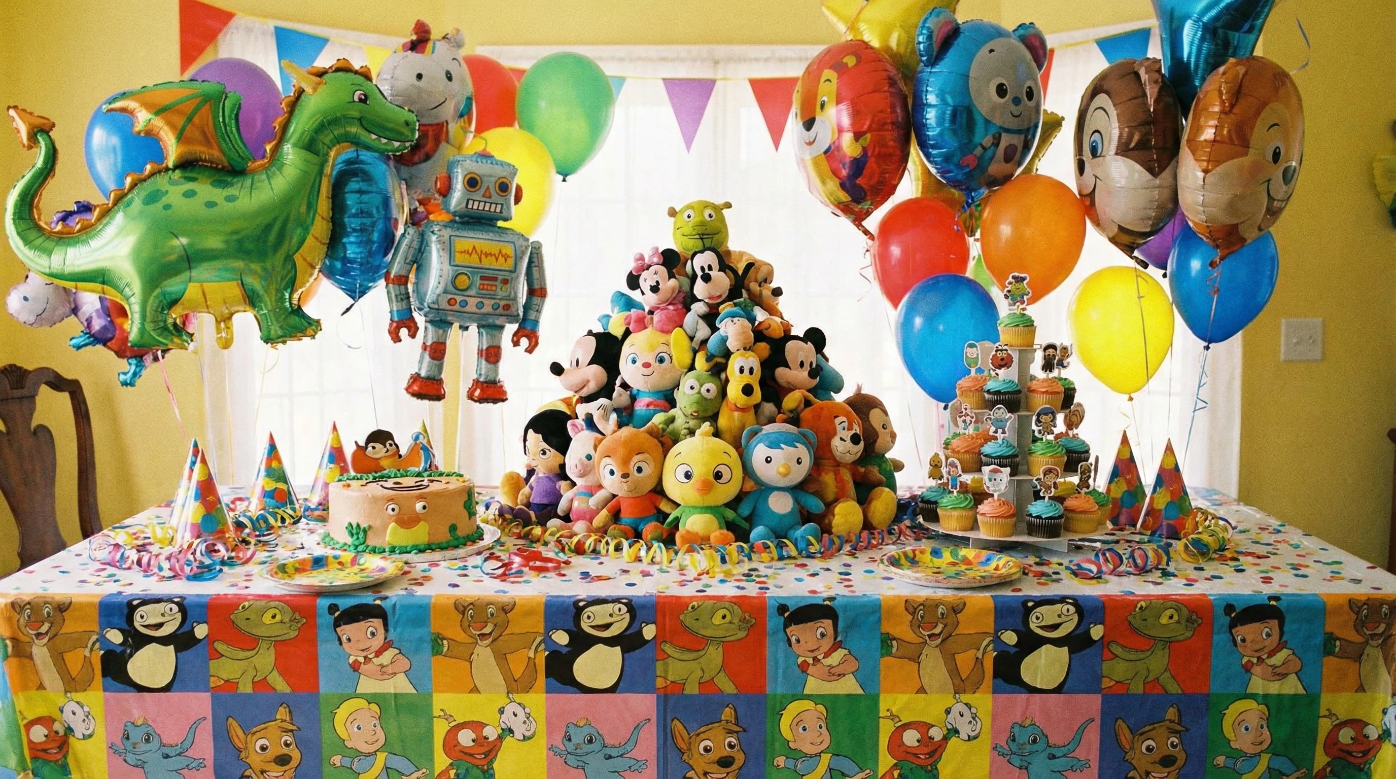 Colorful table setup for a cartoon character birthday party, with balloons, cupcakes, and themed decorations