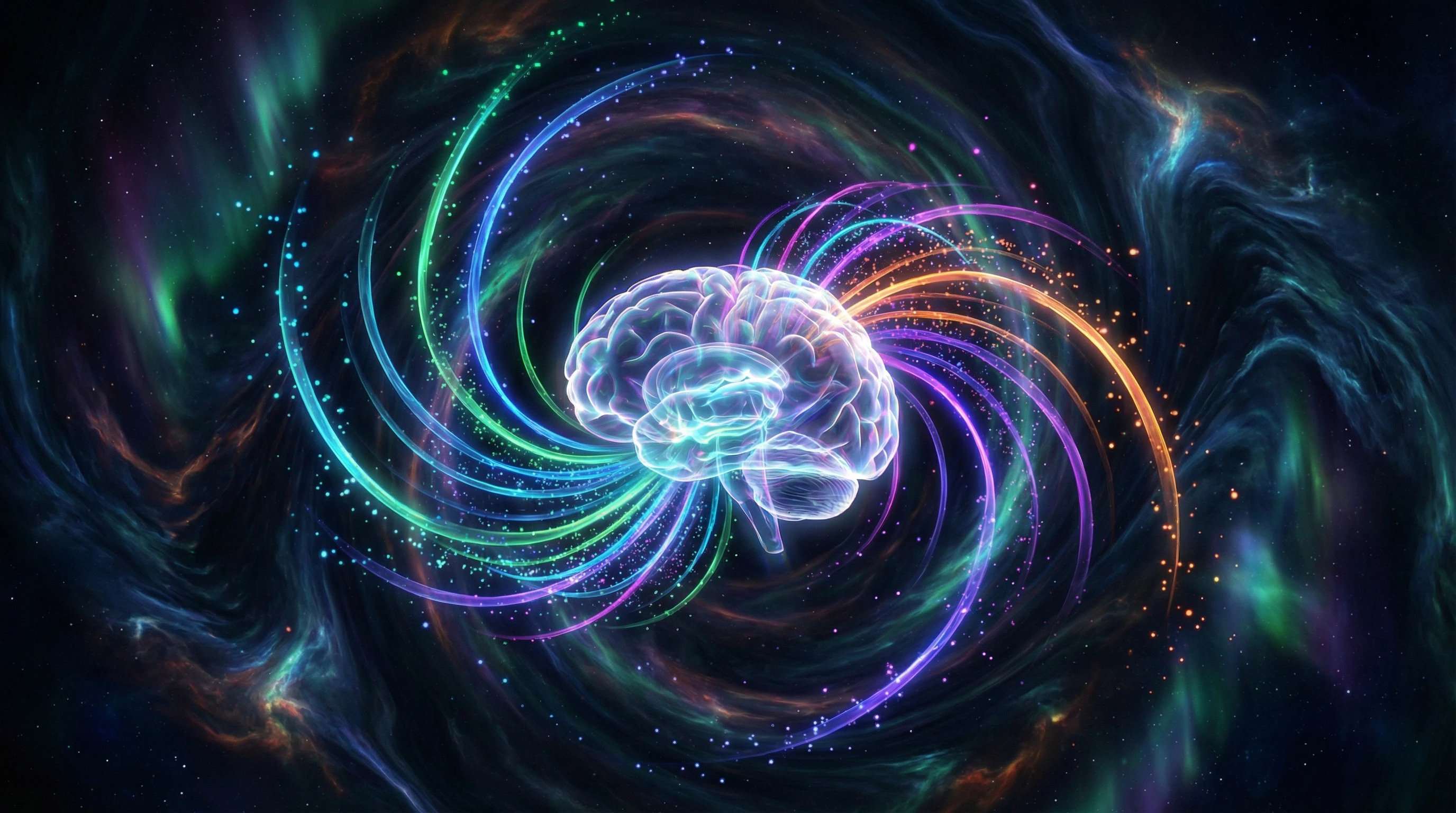 A stylized visualization of colorful brainwave activity radiating across a dark, swirling background