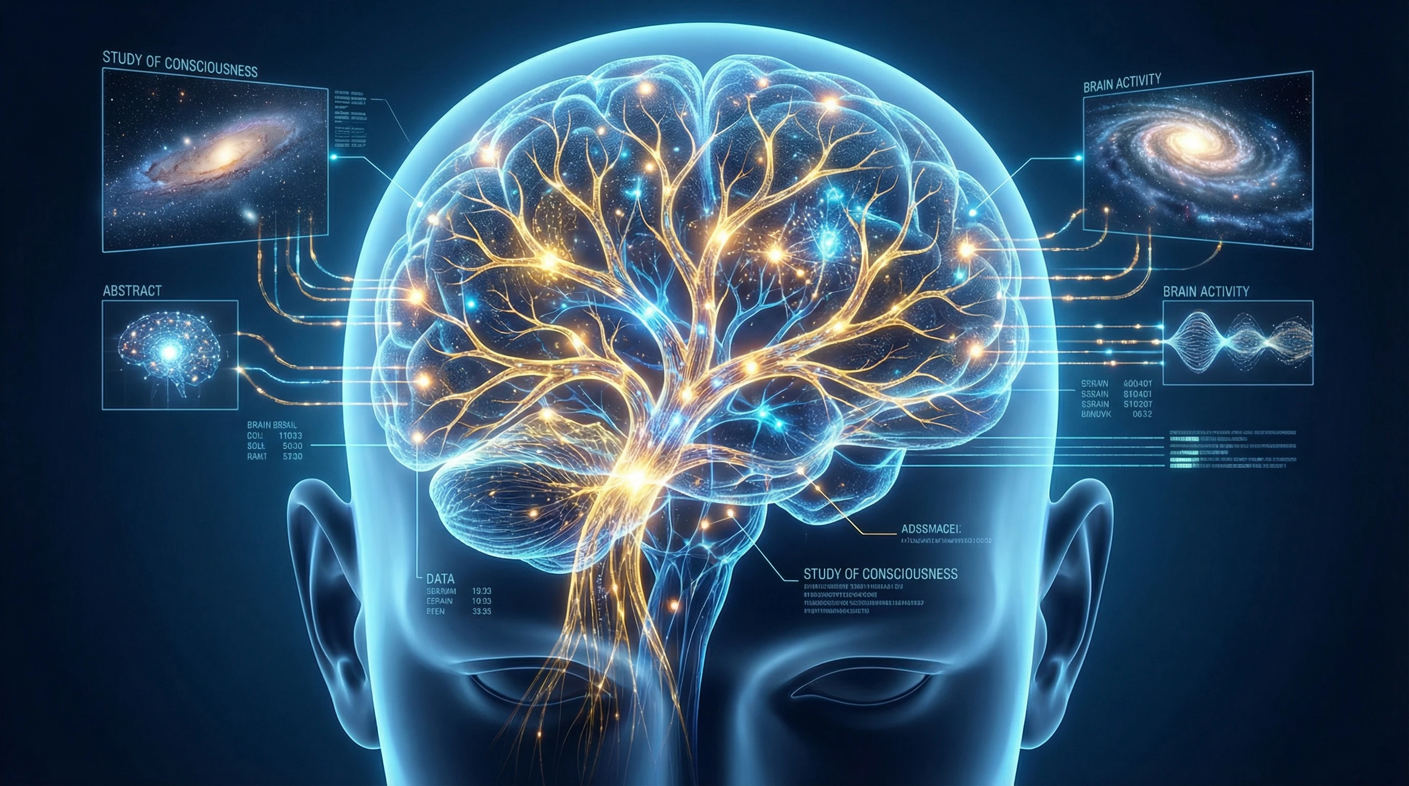 A futuristic illustration of a neural network lighting up, representing the study of consciousness and brain activity.