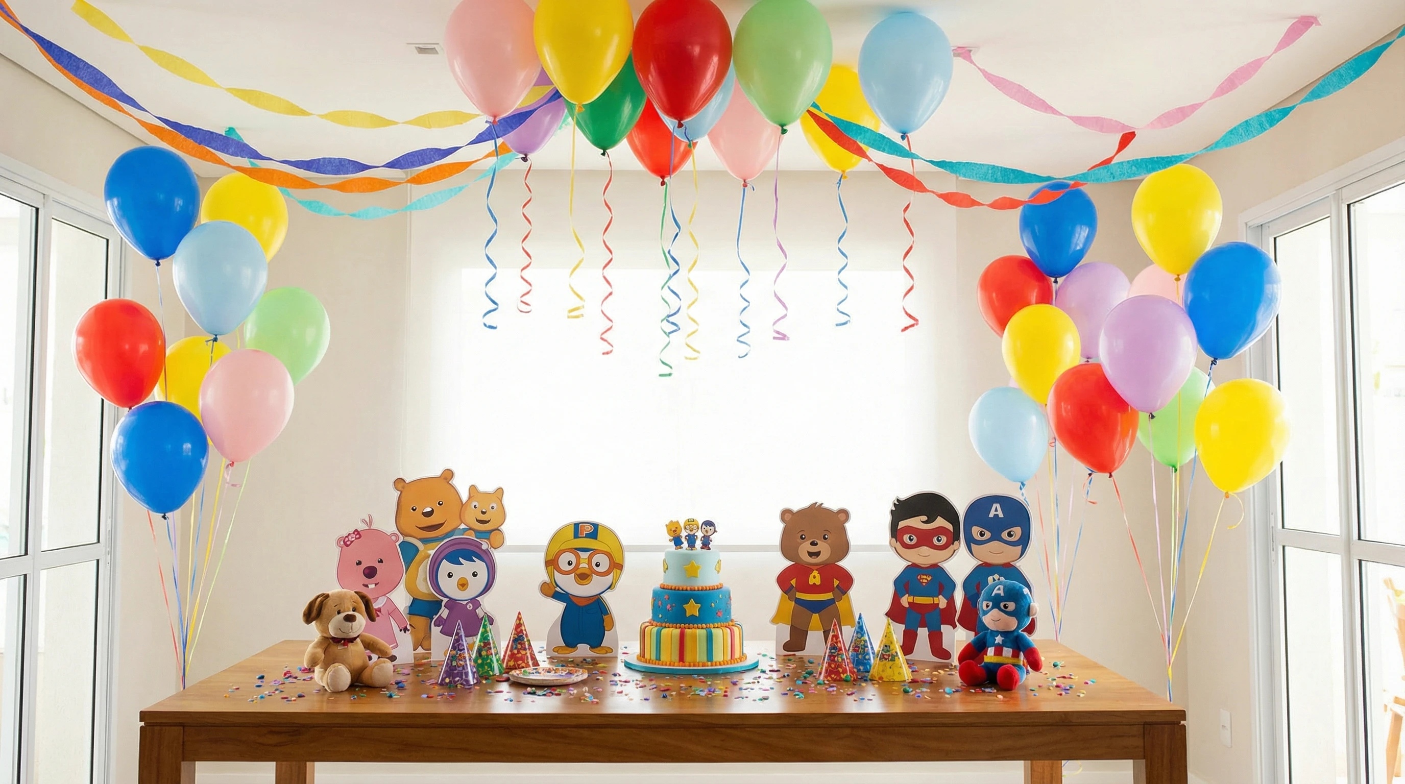 festive birthday party setup featuring balloons, streamers, and bright character-themed decorations
