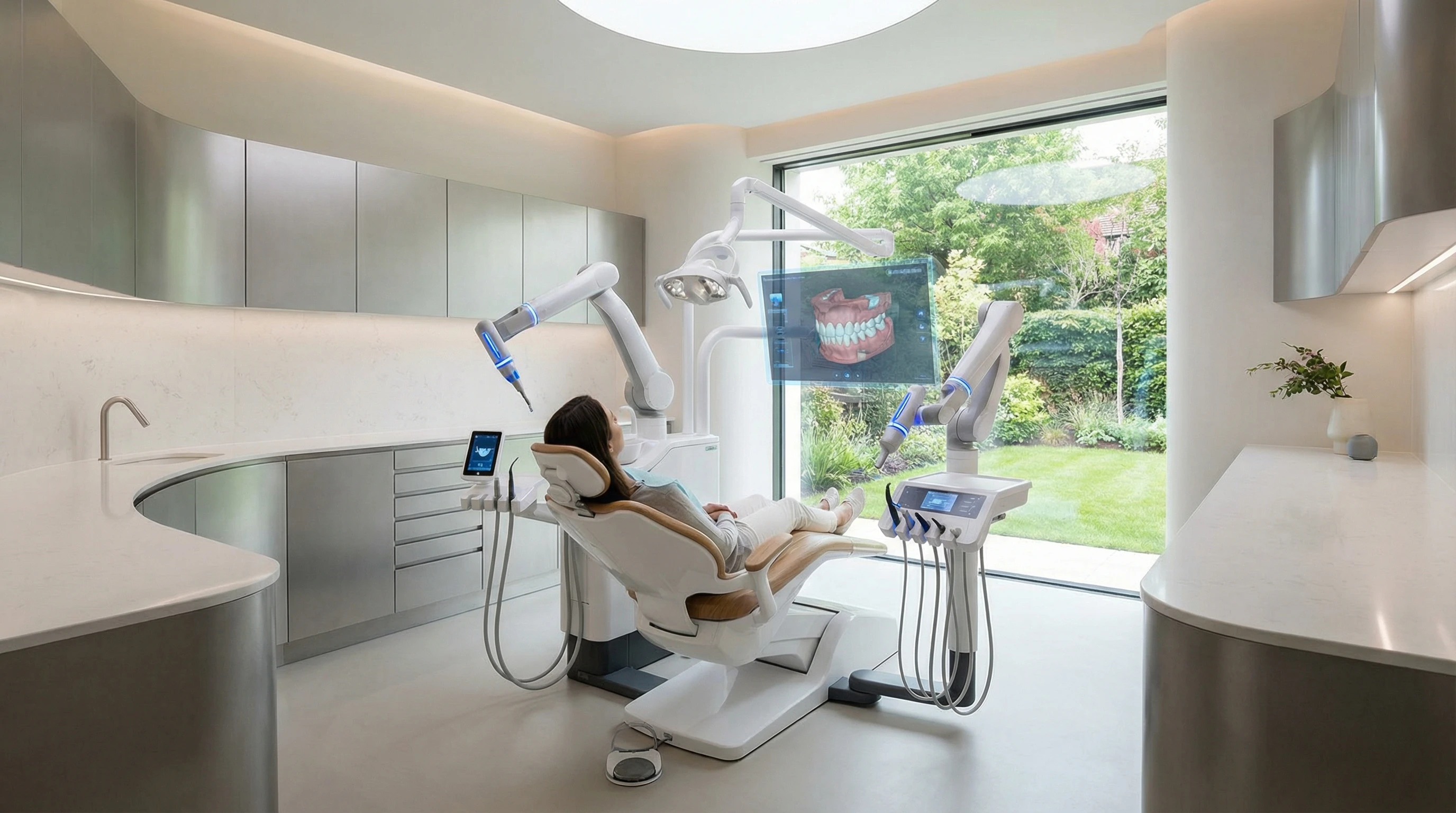A modern dental clinic with high-tech equipment, showing clean lines and an inviting neutral color palette.