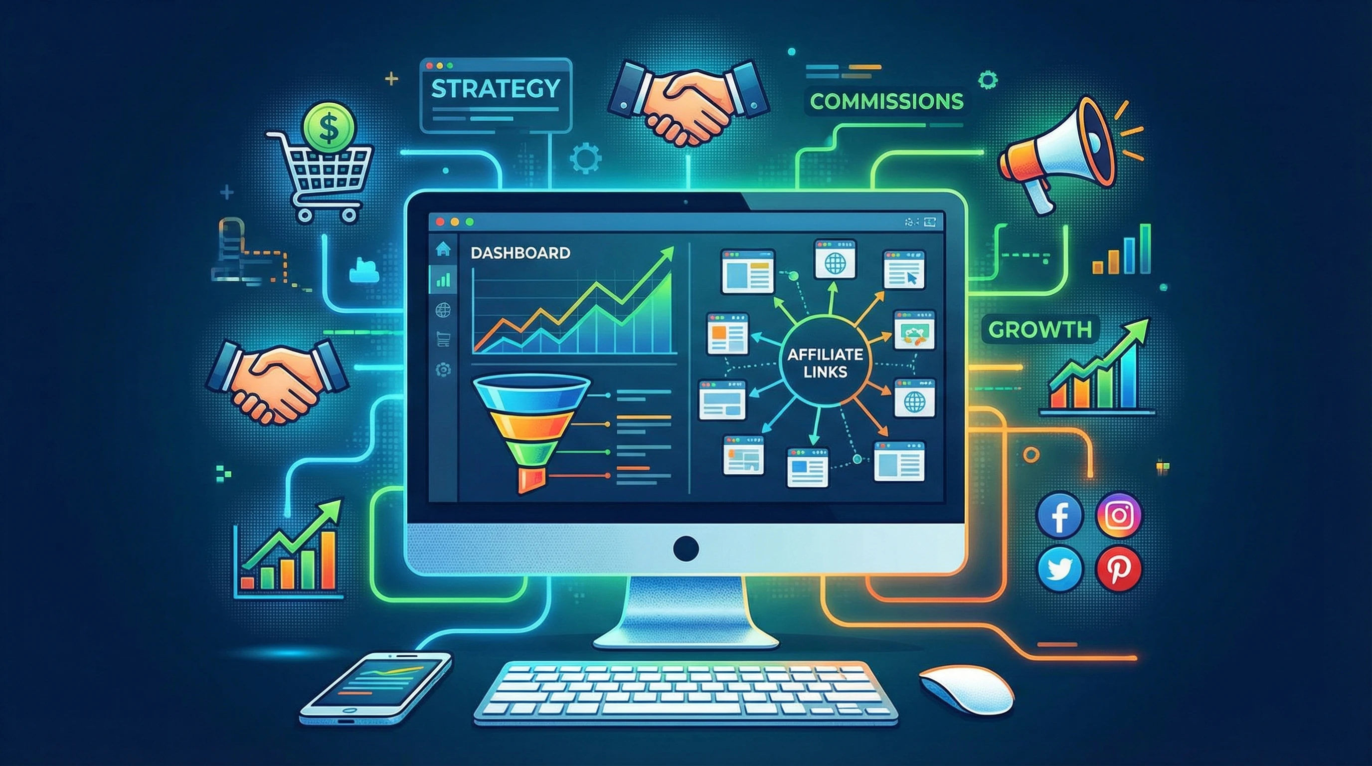 A digital illustration showing a computer with charts, affiliate links, and icons of e-commerce, representing an affiliate marketing strategy.