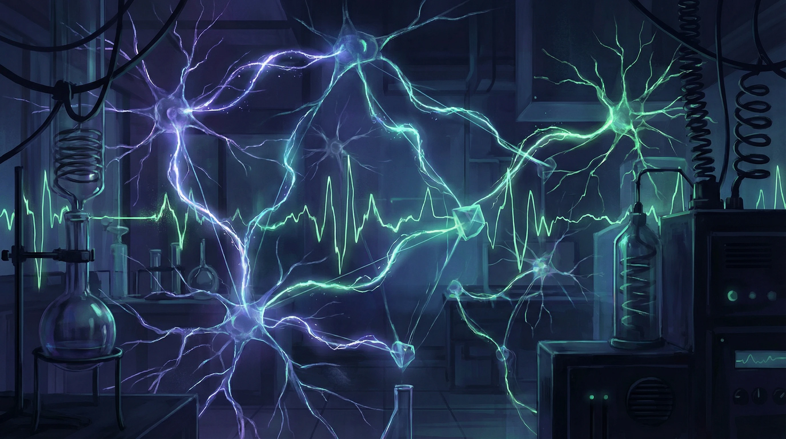 Neural patterns and brainwave visualization in a dim, abstract setting