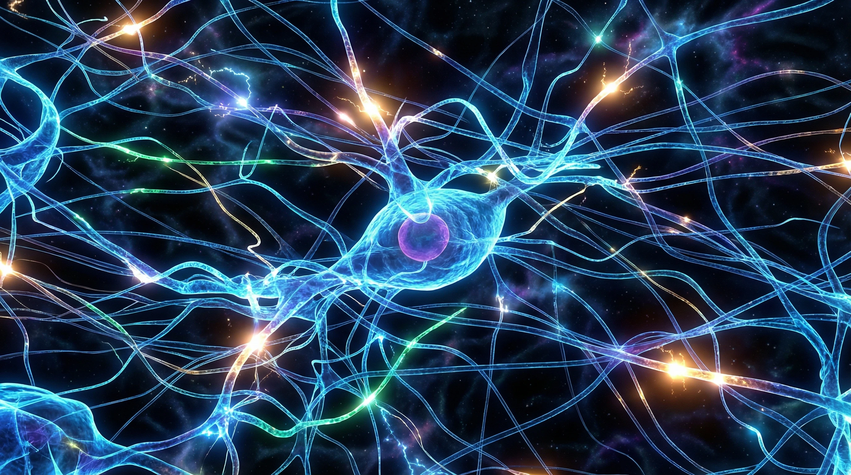 Colorful computer visualization of human neurons firing in a stylized brain network