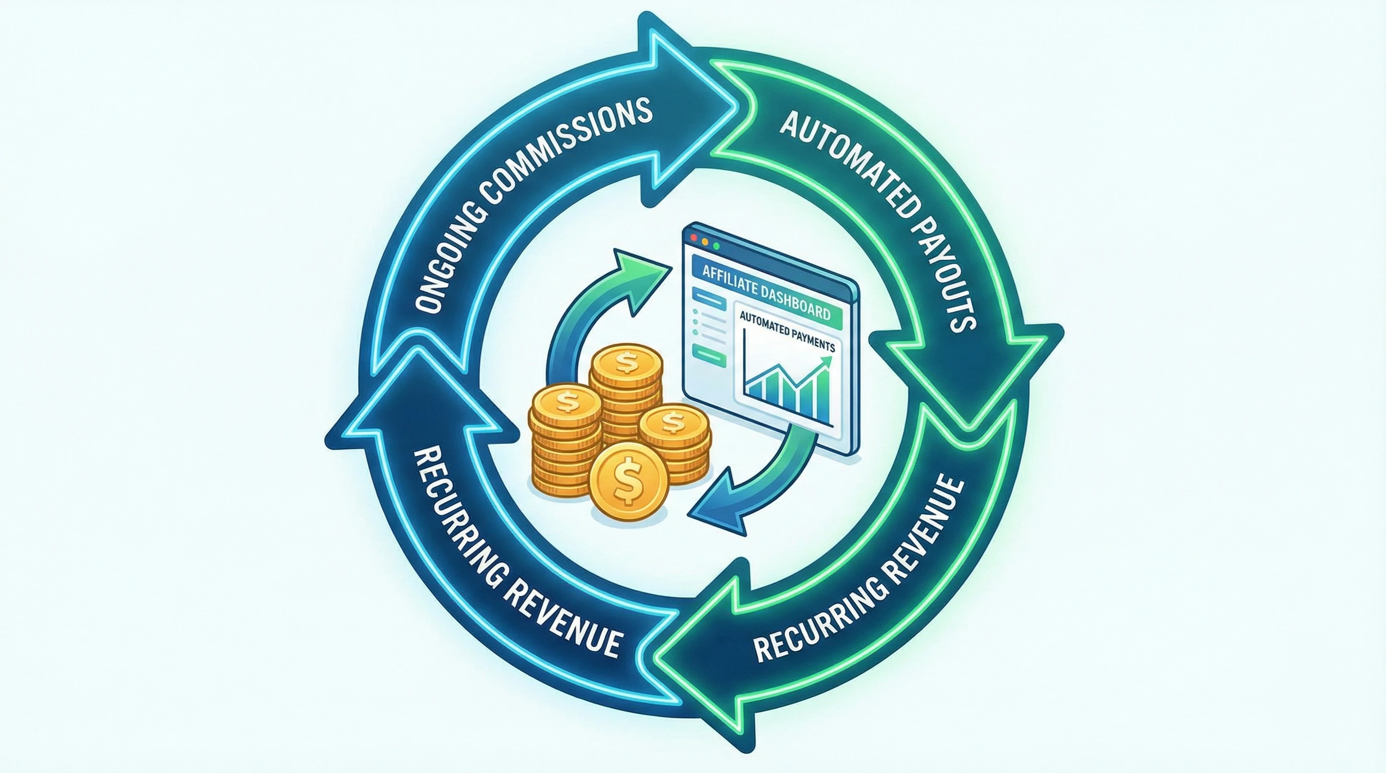 A graphic concept showing arrows forming a loop around stacks of coins and a web browser window, representing the idea of ongoing, automated affiliate payments.