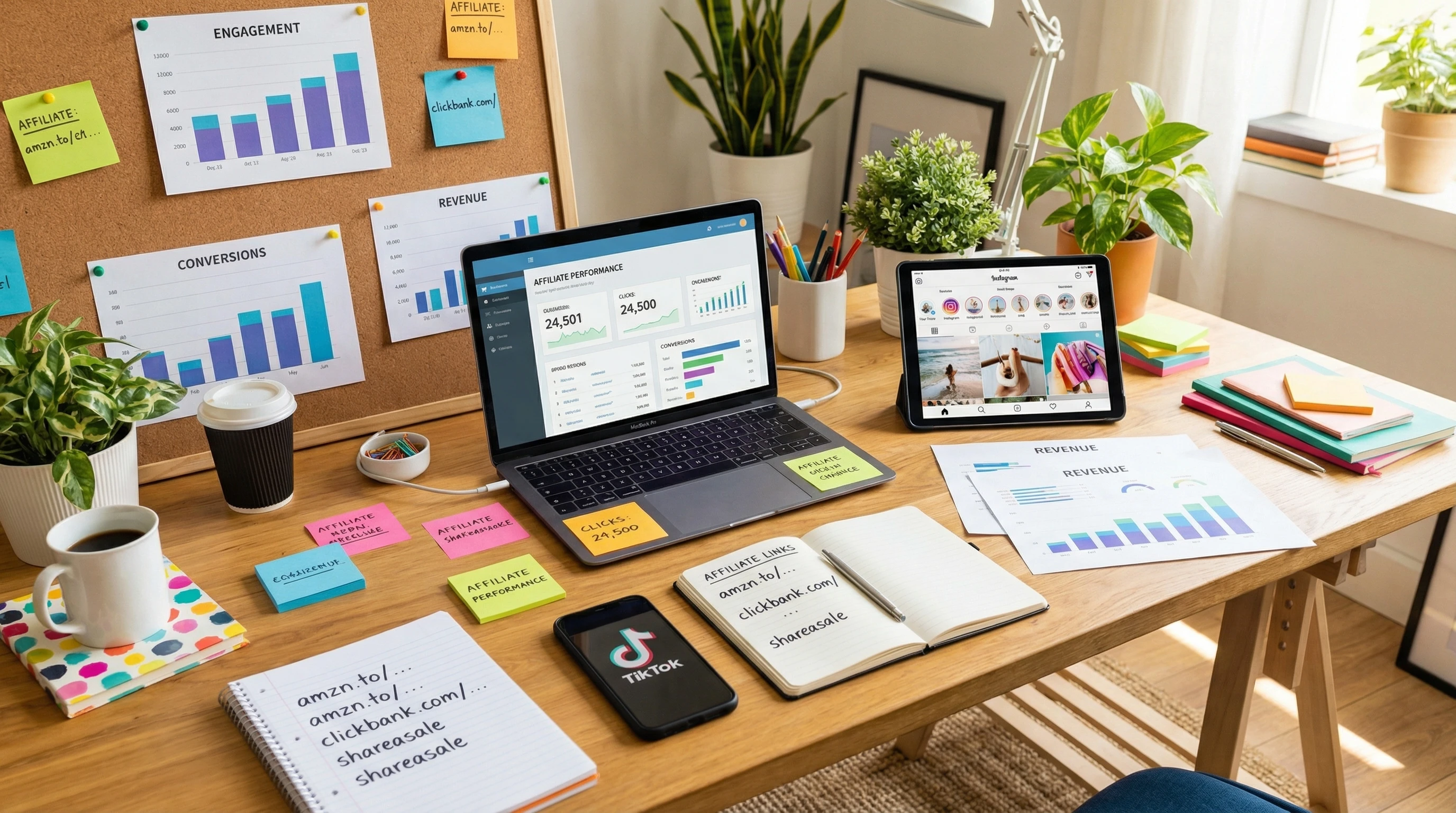 A vibrant social media marketing workspace with digital devices, affiliate links, and analytics charts on a wooden desk