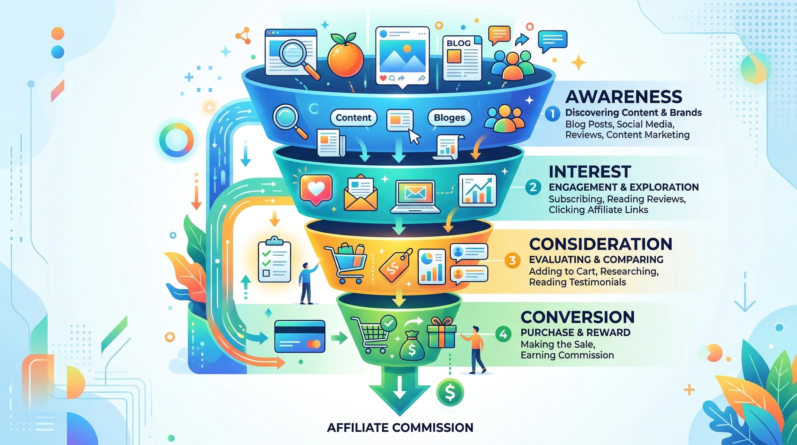 A digital funnel diagram showing the stages of an affiliate marketing adventure, with arrows and icons for awareness, interest, consideration, and conversion, over a bright background.