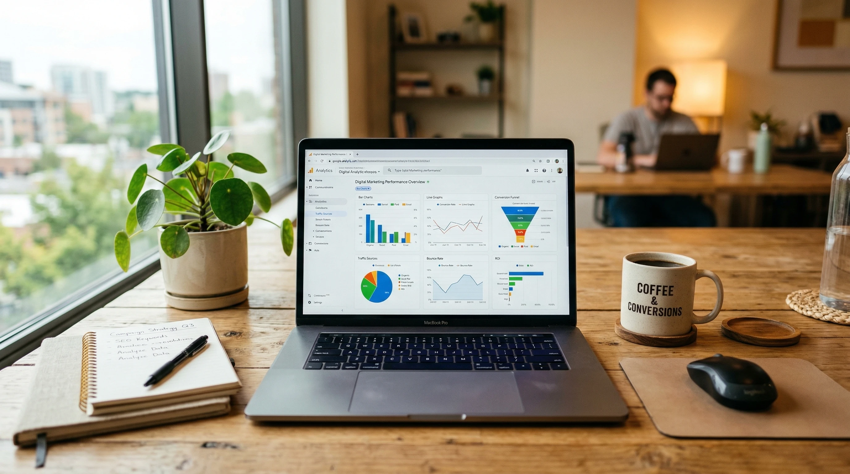 A desk with a laptop, notebook, and plant, set up for content creation and SEO research.