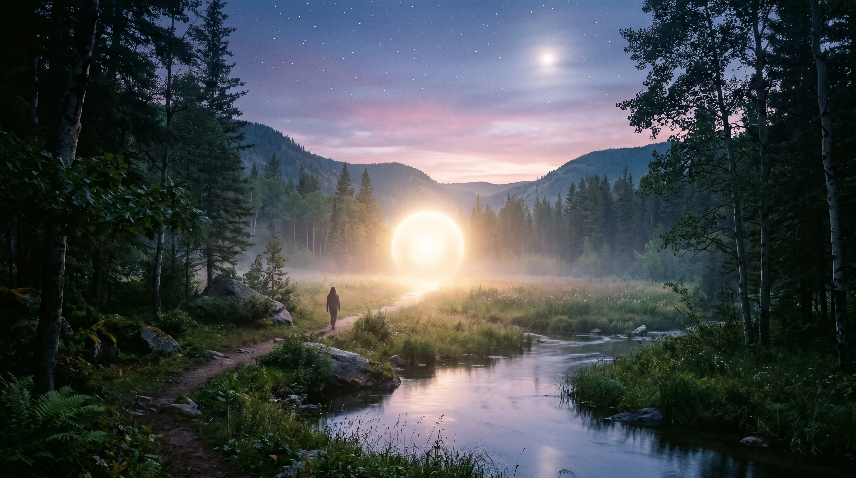 A tranquil scene of a glowing light in a peaceful natural setting, symbolizing a spiritual near-death experience.