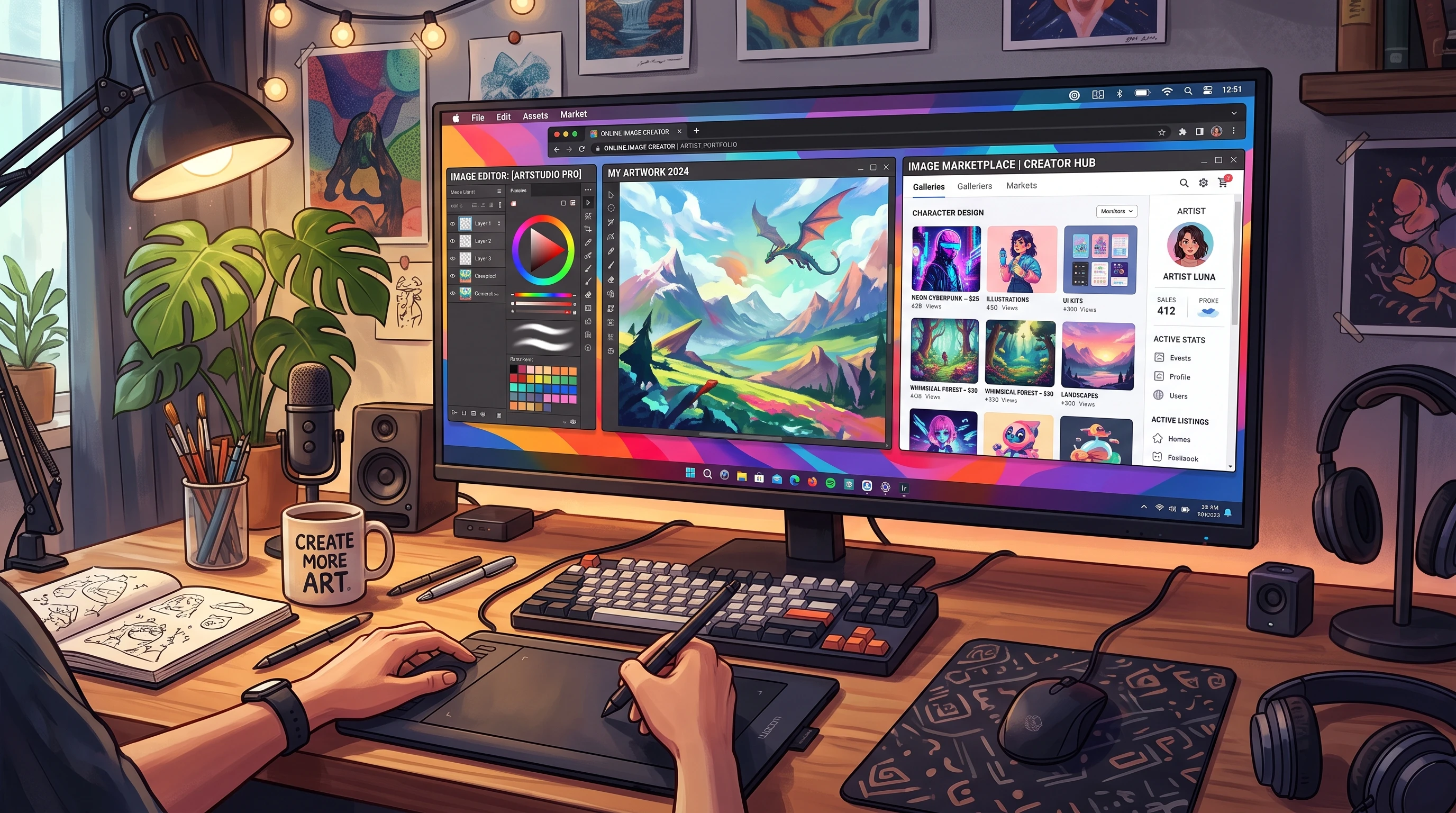A digital workspace showing a monitor with various digital illustrations and stock images