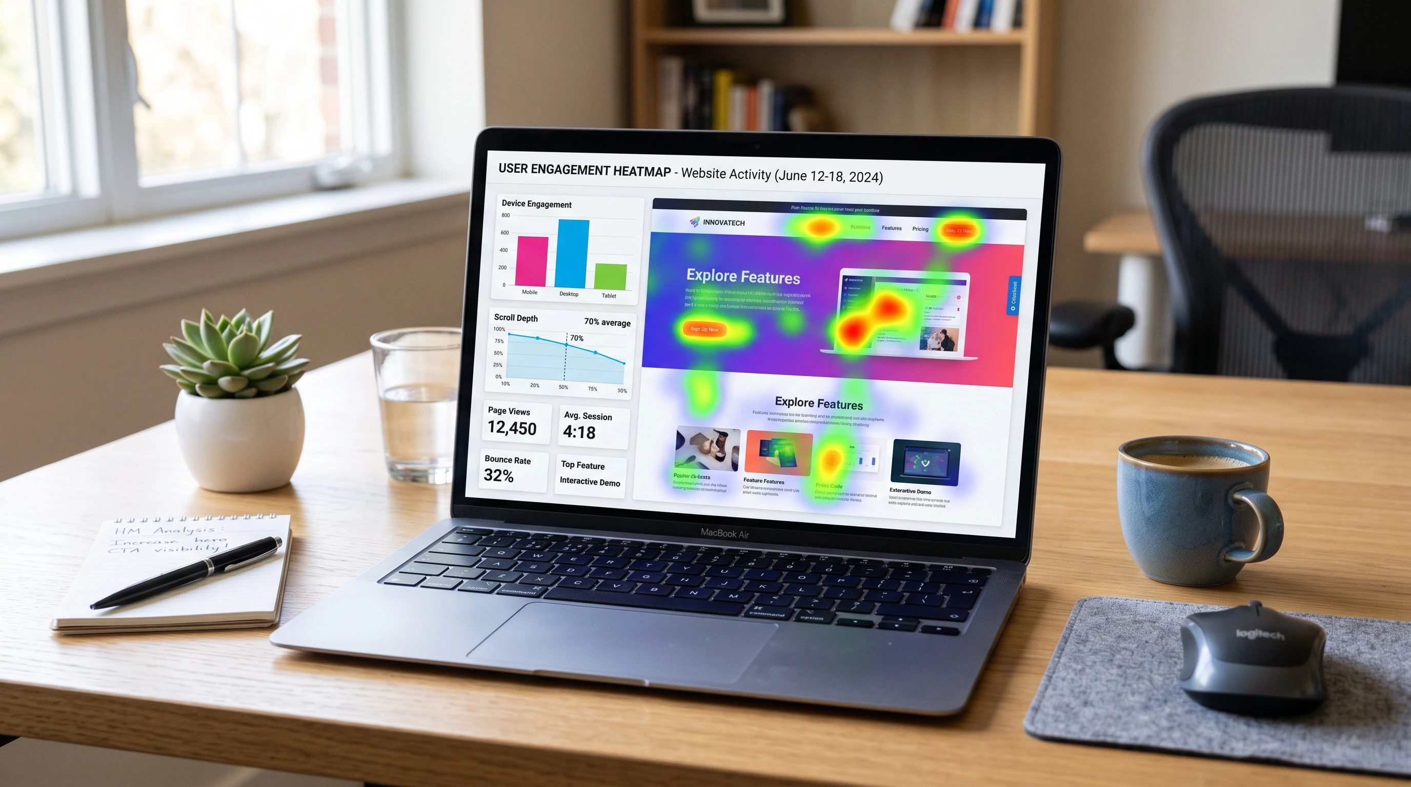 Example of a colorful website heatmap overlaid on a laptop screen