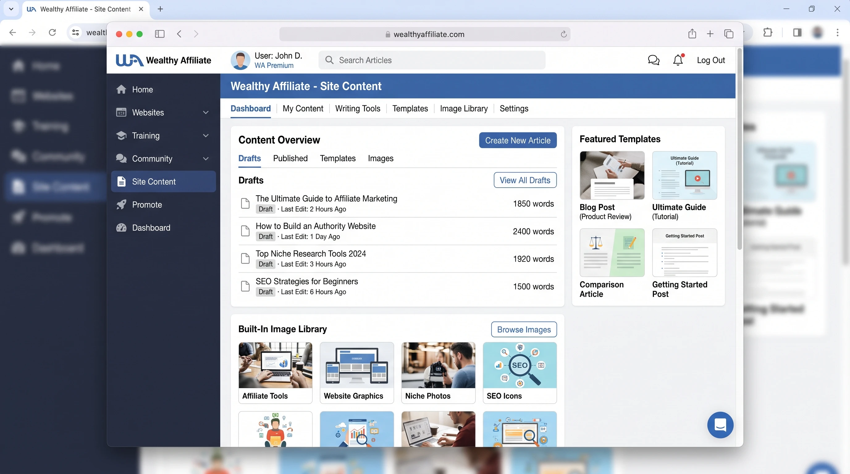 Screenshot of Wealthy Affiliate Site Content dashboard