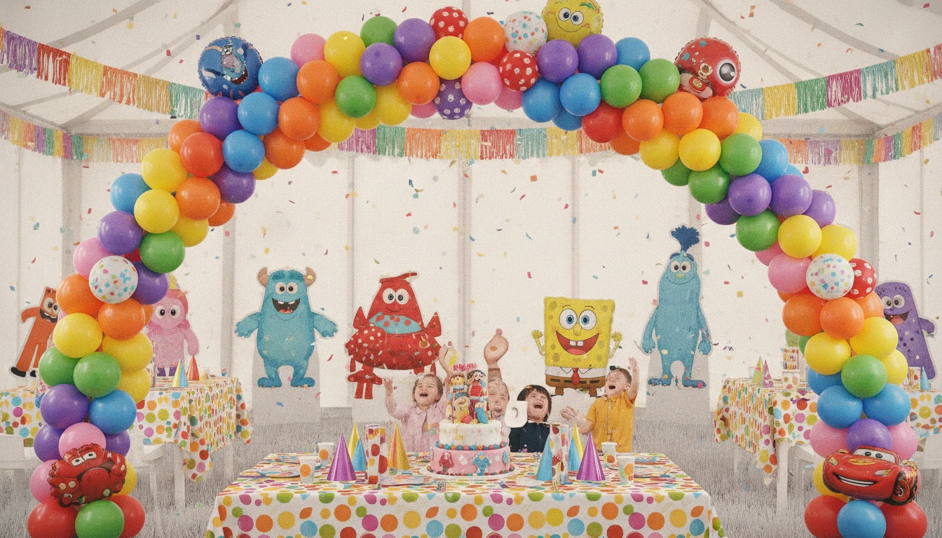 Colorful balloon arch at a character-themed birthday party