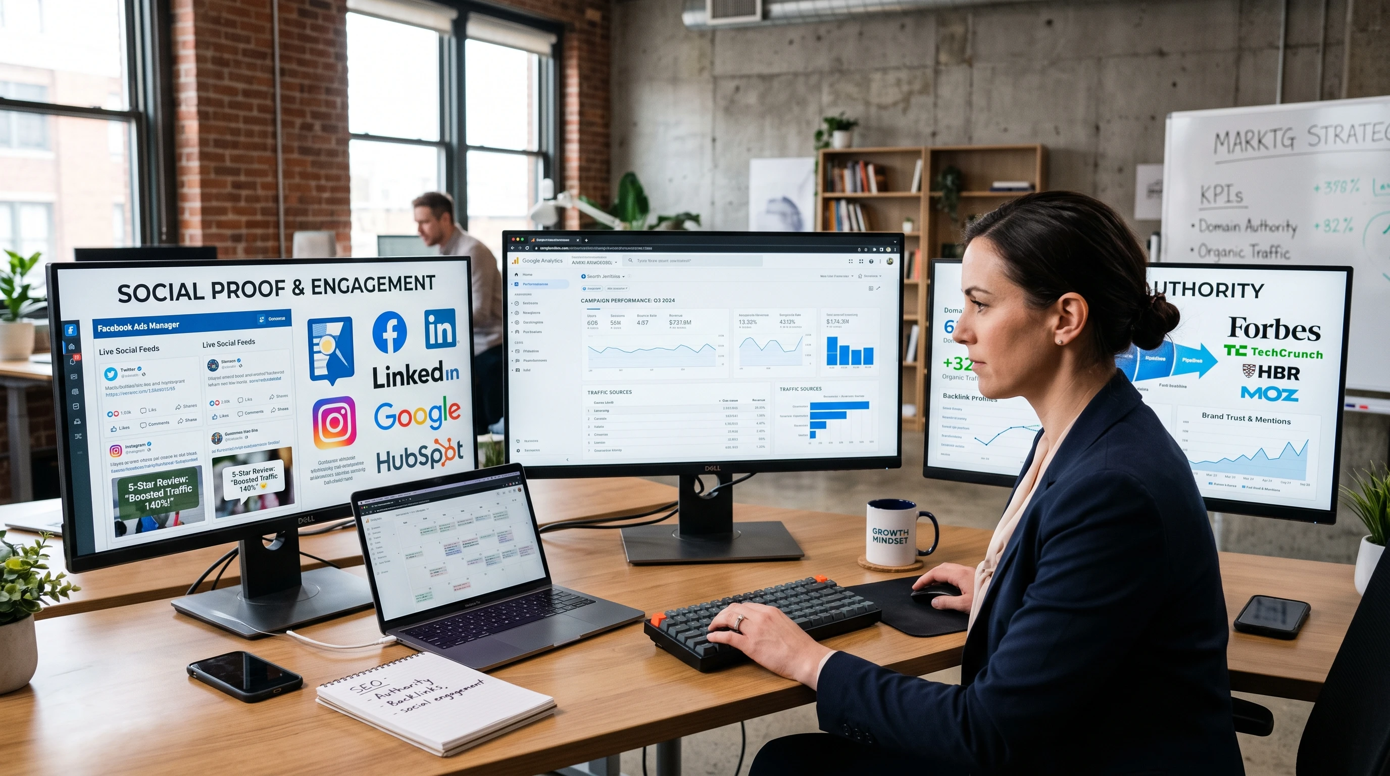 A digital marketing workspace with computer screens showing analytics, social proof icons, and authority-related visuals in a modern office setting.